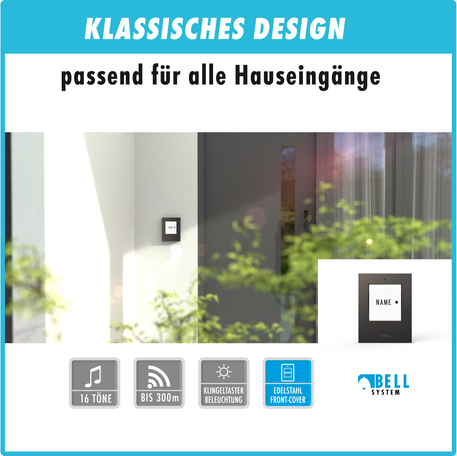 Edelstahl Funk-Klingeltaster für 1, 2 oder 3-Fam.-Haus, in silber oder anthrazit