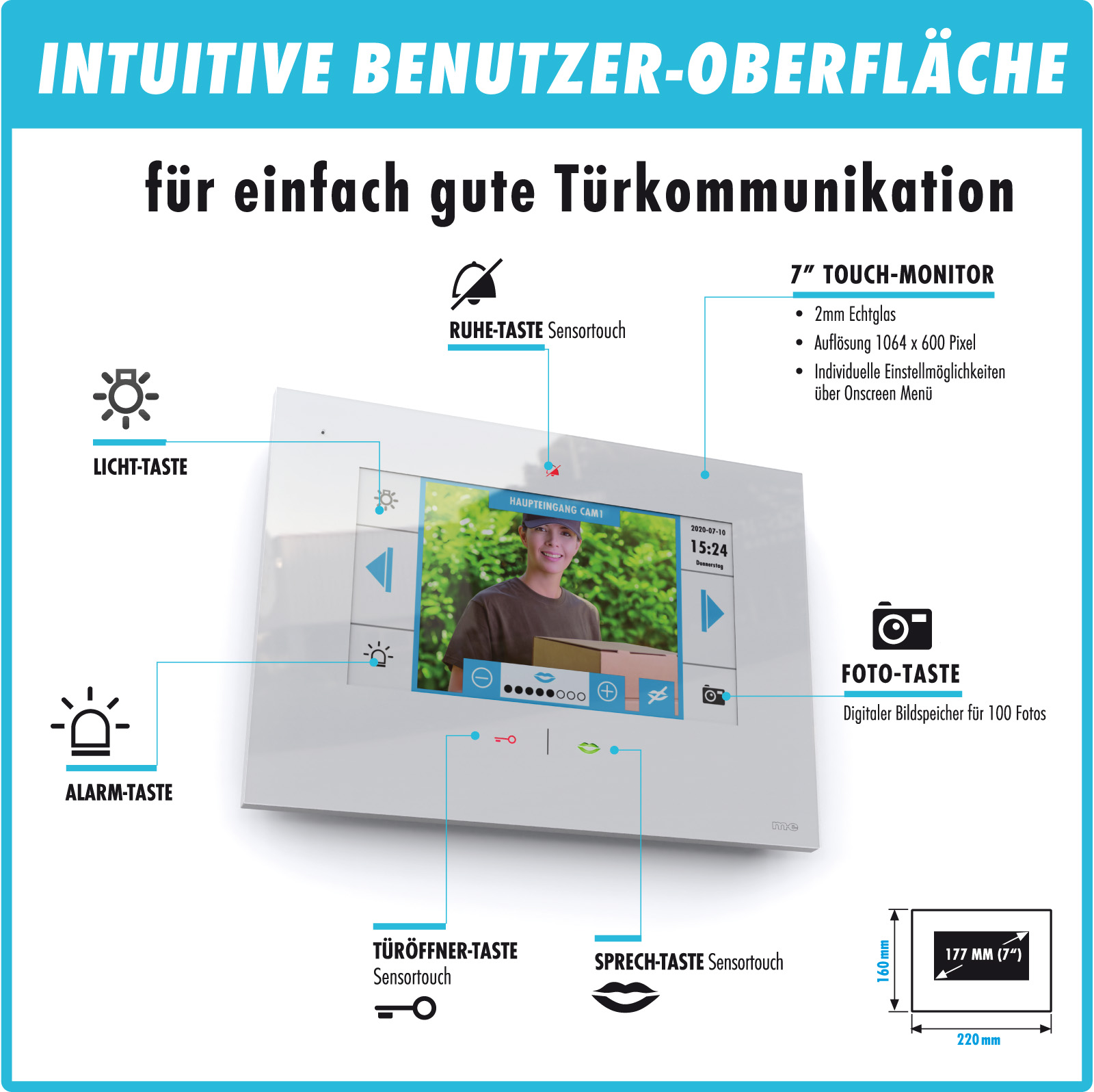 1-Fam.-Haus Set, ALU-Außenstation und IP-Innenstation (App) 7", Sensortouch &mp3