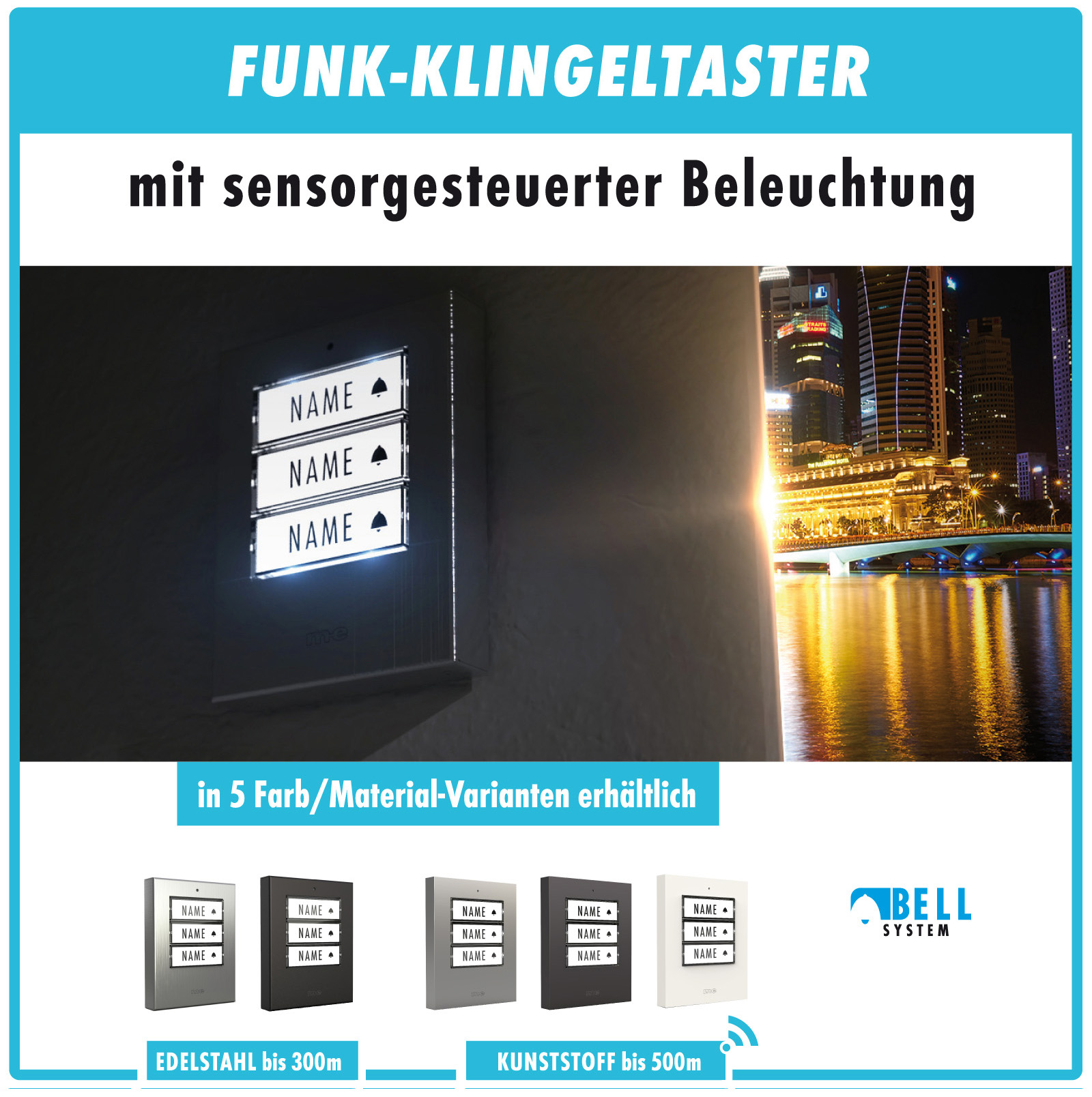 PROMOSET WIFI wahlweise für 1-, 2- oder 3-Familienhäuser mit WIFI Funk-Türglocke für die Steckdose, Sender wahlweise in Kunststoff oder Edelstahl