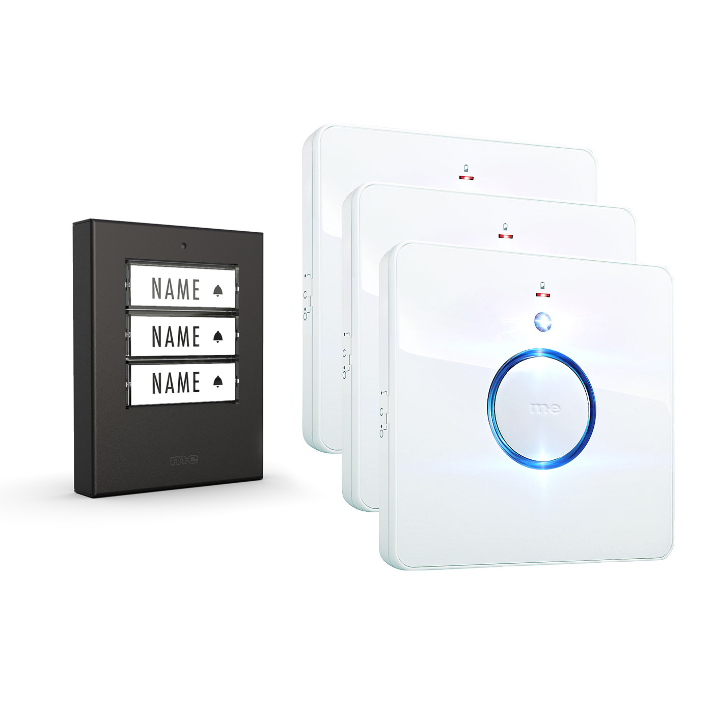 Funk-Türklingel-Set BELL-533-EA – Kabellose Türklingel für 3 Familienhäuser, batteriebetriebene Funkklingel mit Empfänger & Sender in Edelstahl anthrazit.