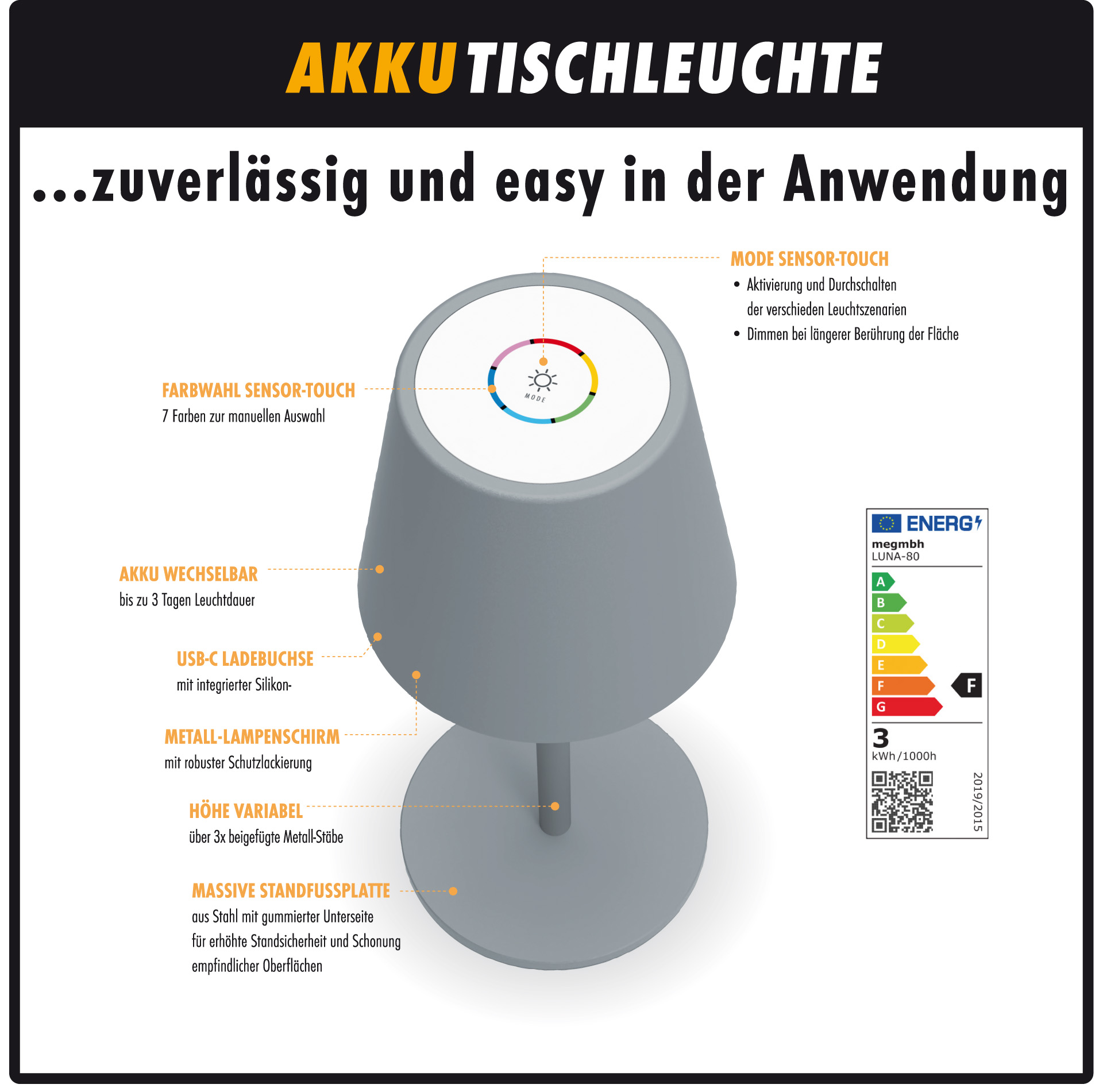 LED-Tischleuchte LUNA-80 G in GRAU, Kabellose Akku-Tischlampe mit Langzeit-Beleuchtung von 8 bis 72 Std durch 5200mAh Akku, inkl. Flaschenadapter