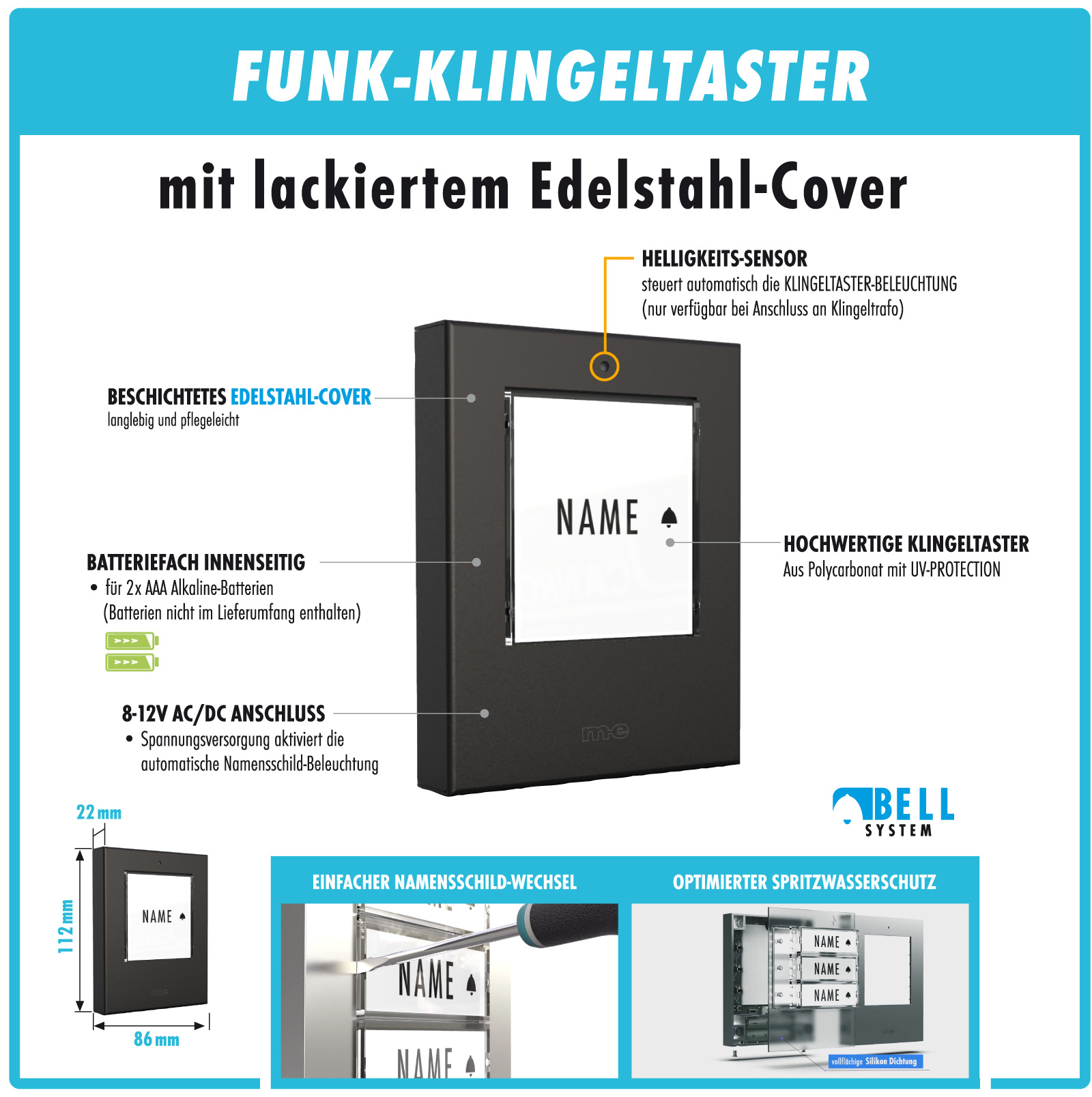 Edelstahl Funk-Klingeltaster für 1, 2 oder 3-Fam.-Haus, in silber oder anthrazit