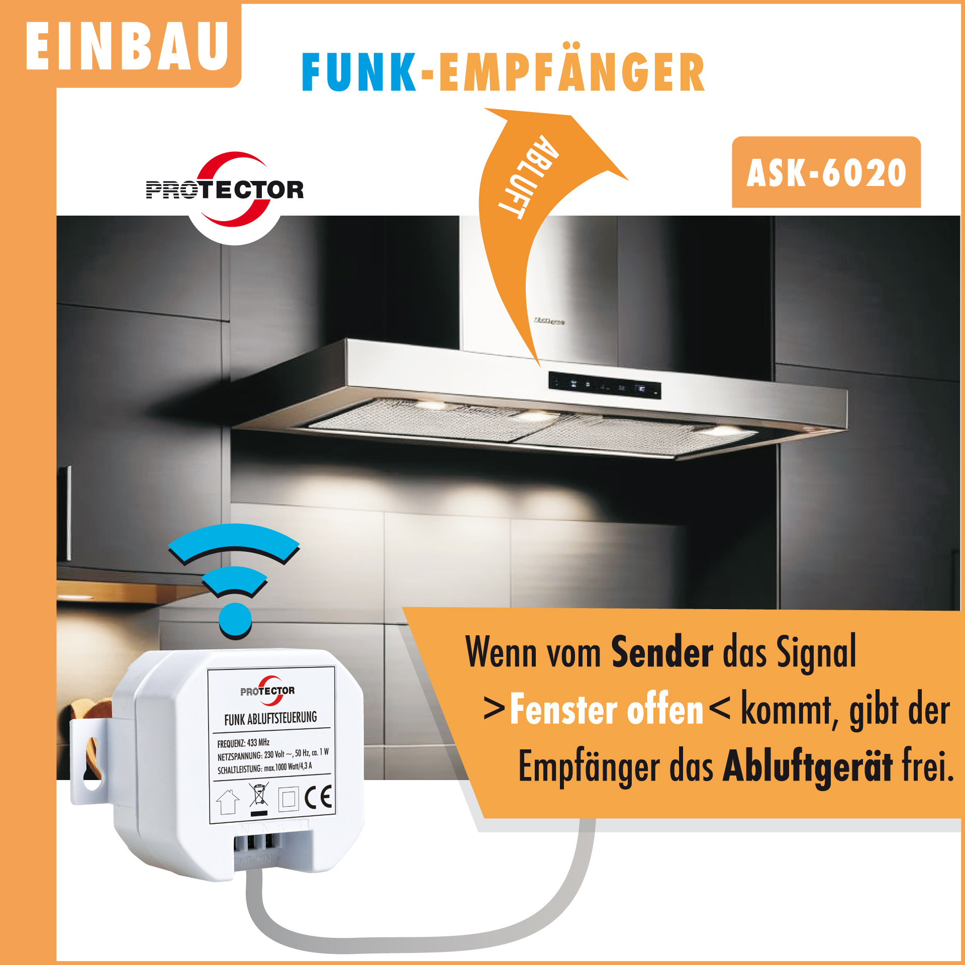 Einbau-Funk-Abluftsteuerung mit Kinetik-Fenstersender ASK-6020