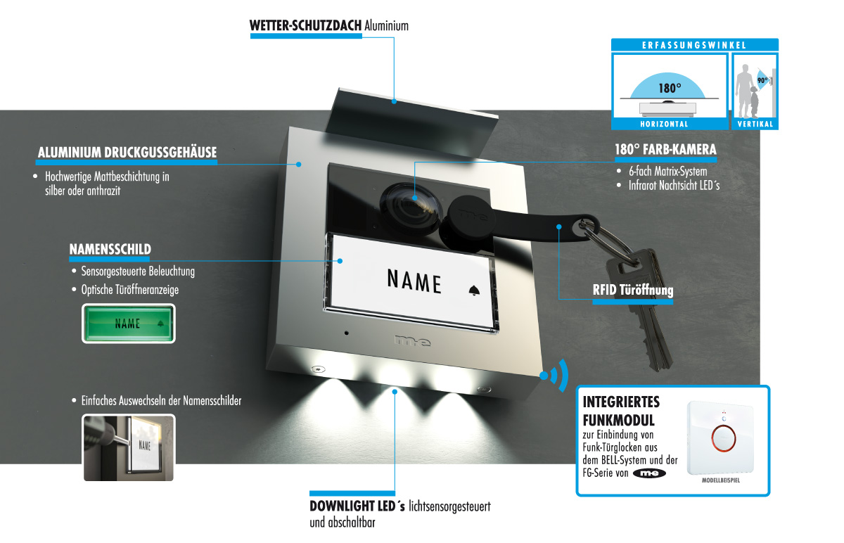 Video-Türsprechanlage VDV-201010-SS mit RFID - Aluminium Außenstation in silber für 1-Familienhaus - 7 Zoll Innenstation in schwarz - Türklingel mit Kamera - Türsprechanlage Video für Einfamilienhaus 4-Draht