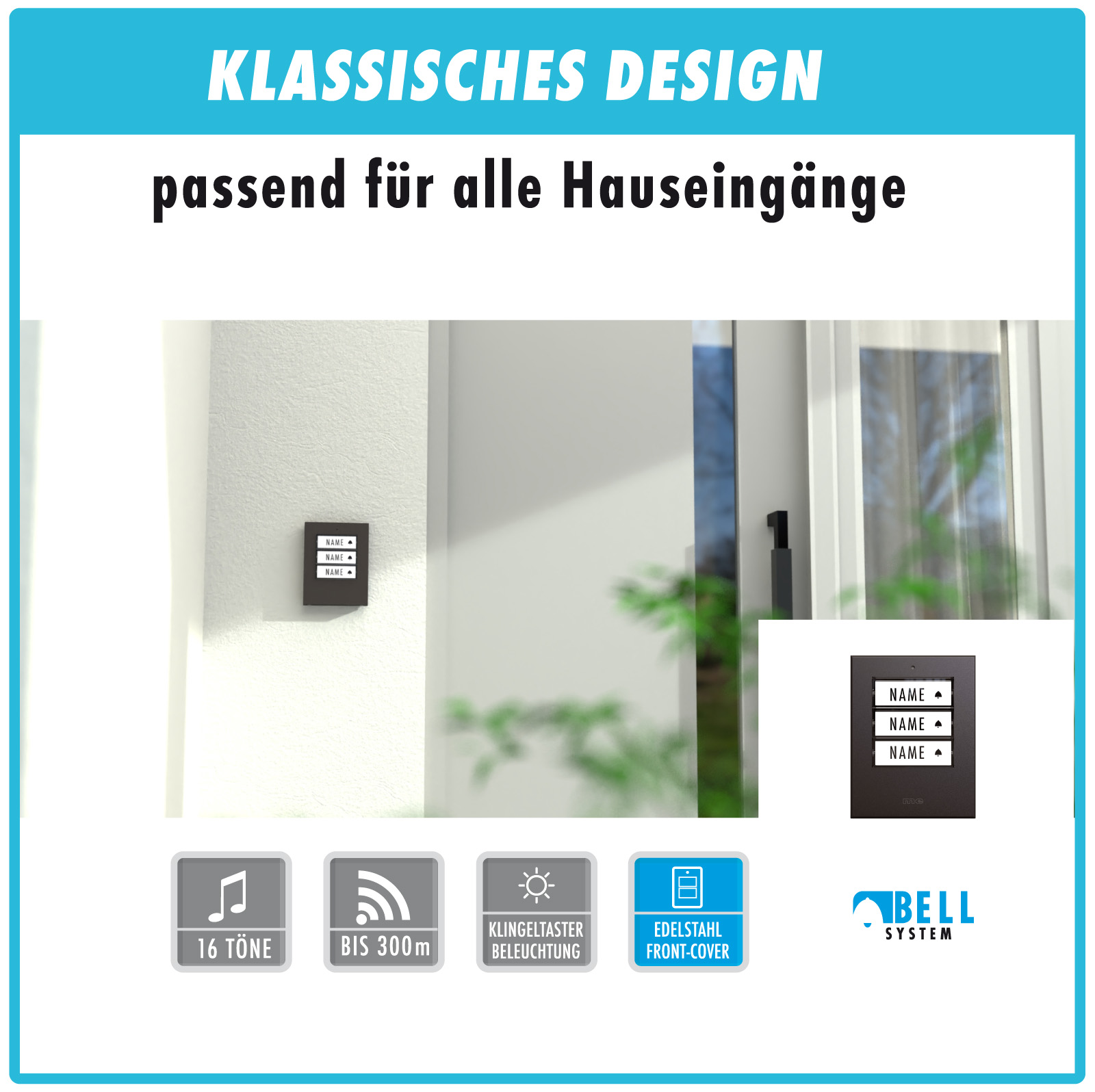 PROMOSET WIFI wahlweise für 1-, 2- oder 3-Familienhäuser mit WIFI Funk-Türglocke für die Steckdose, Sender wahlweise in Kunststoff oder Edelstahl