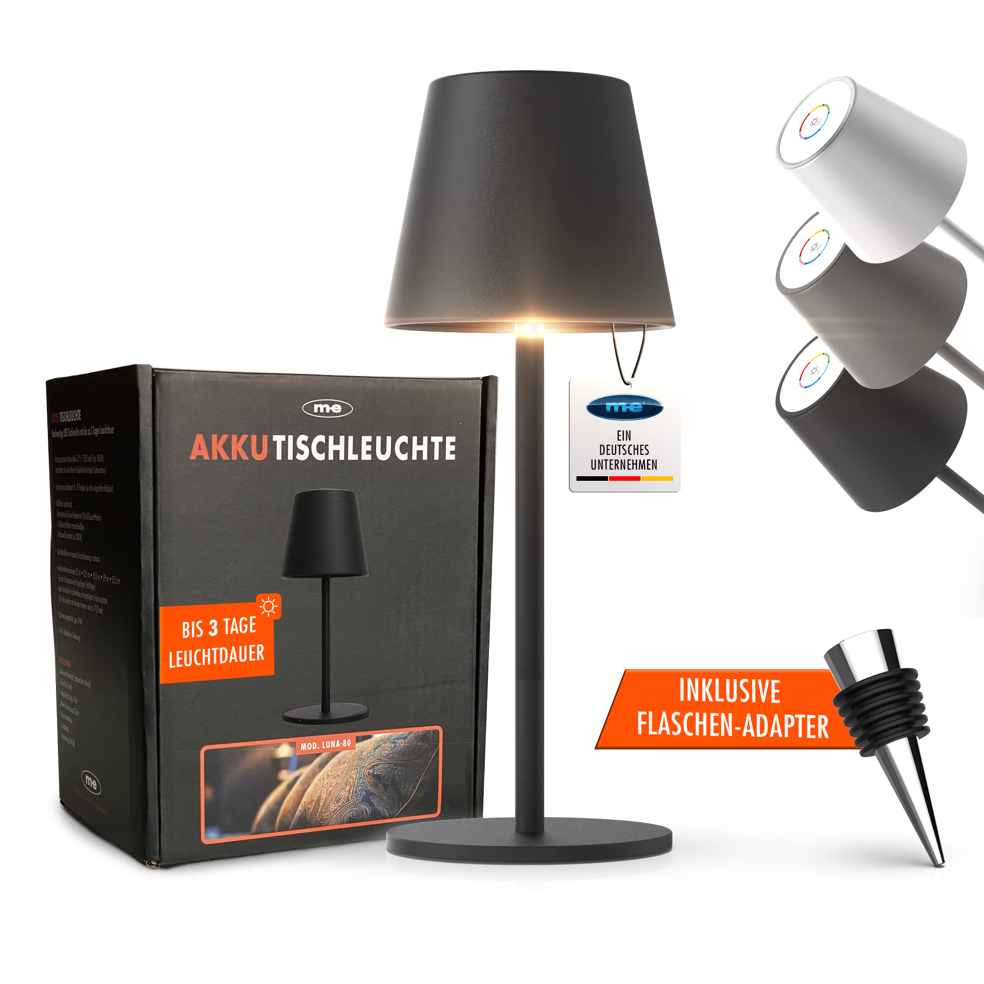 LED-Tischleuchte LUNA-80 S in SCHWARZ, Kabellose Akku-Tischlampe mit Langzeit-Beleuchtung von 8 bis 72 Std durch 5200mAh Akku, inkl. Flaschenadapter