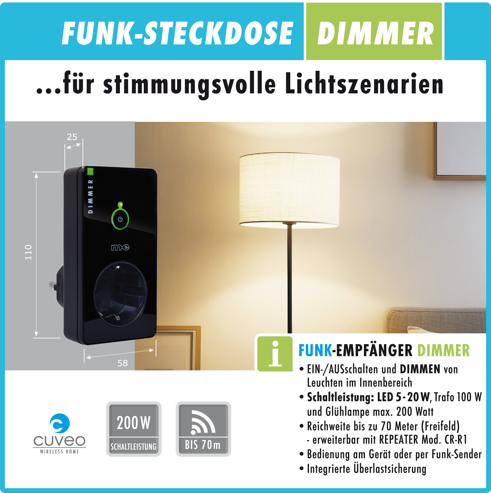 Startersets mit Funk-Fernbedienung und Steckdosen-Dimmer, wahlweise 1-3 Stück, in Farbe weiß oder schwarz
