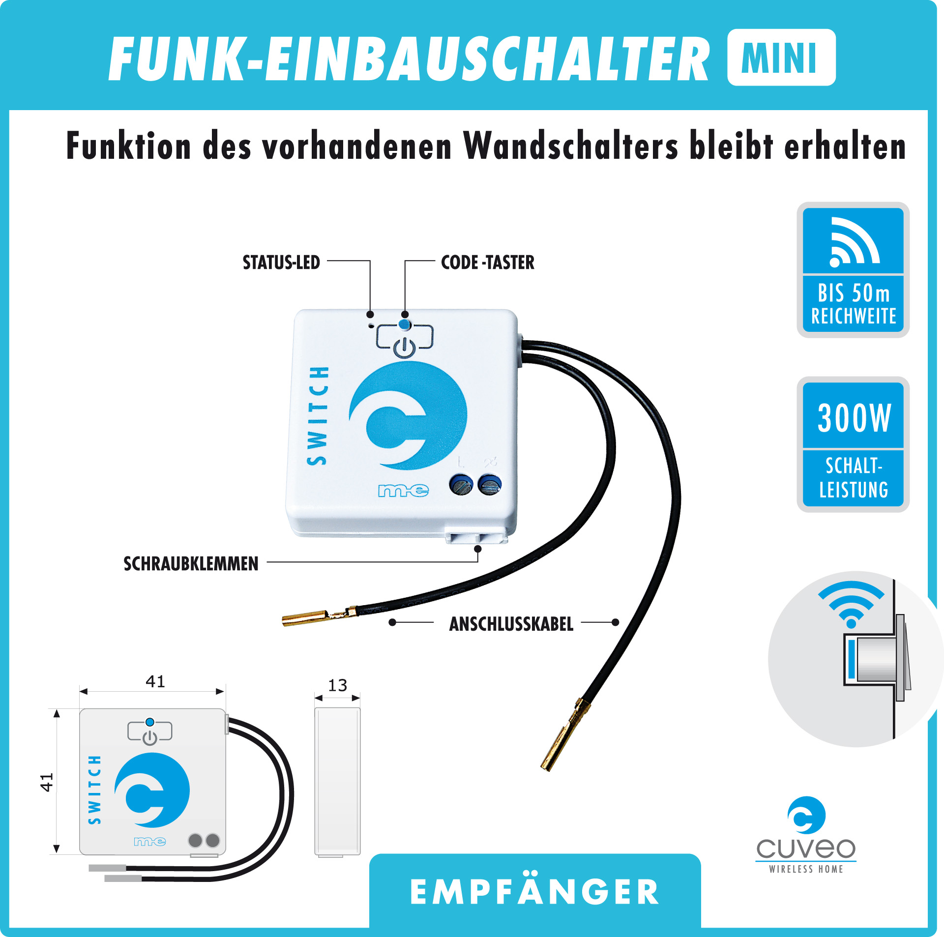 Starterset 31, Funk-Bewegungsmelder Innen in Farbe weiß oder schwarz + Einbauschalter Mini 300 W