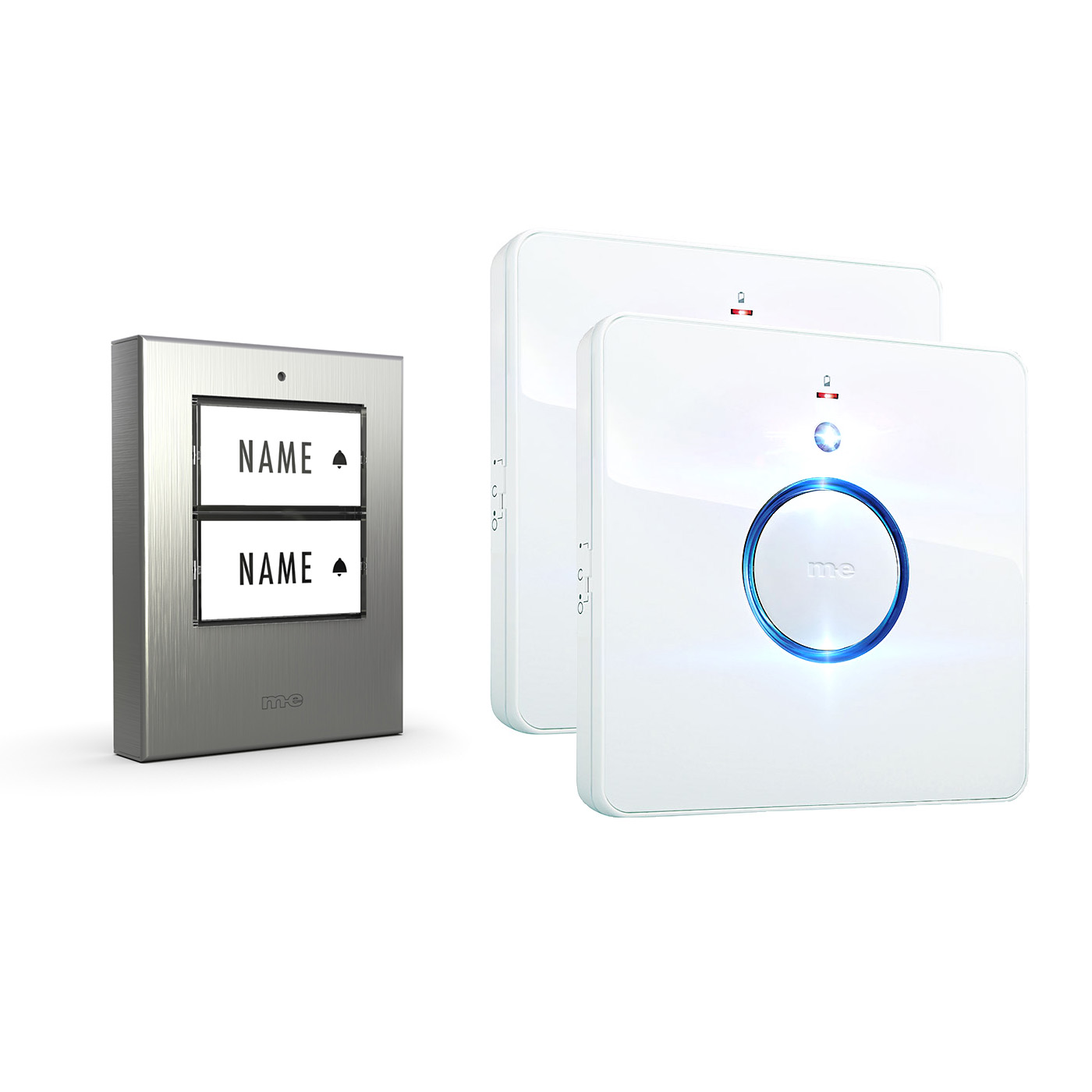 Funk-Türklingel-Set BELL-532-EG – Kabellose Türklingel für 2 Familienhäuser, batteriebetriebene Funkklingel mit Empfänger & Sender in Edelstahl gebürstet.