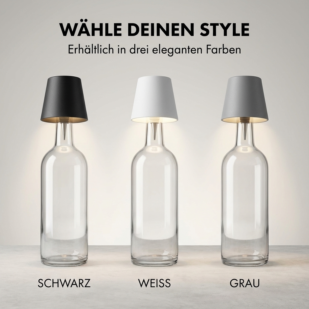 LED Flaschenleuchte mit Lithium-Akku, wahlweise in Farbe schwarz, grau oder weiß