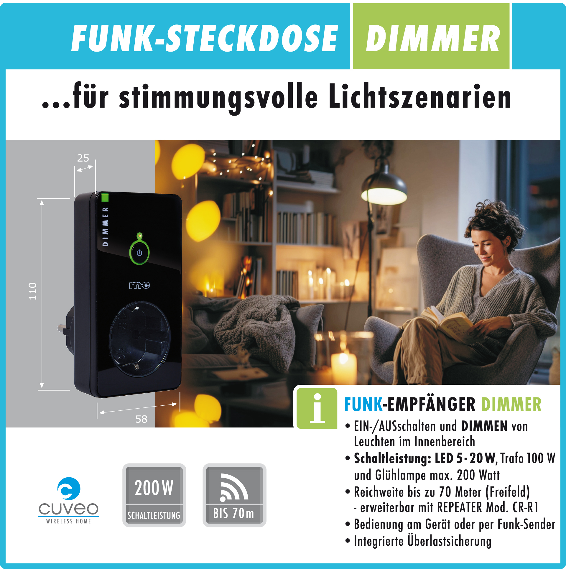Startersets mit Funk-Fernbedienung und Steckdosen-Dimmer, wahlweise 1-3 Stück, in Farbe weiß oder schwarz