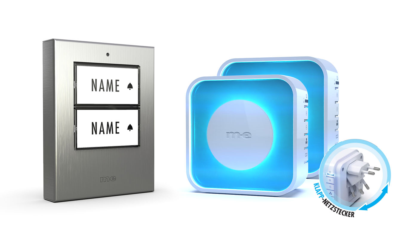 Funk-Türklingel-Set BELL-512 EG – Kabellose Türklingel für 2 Familienhäuser mit Akku-betriebenem Empfänger und vollflächiger optischer Klingelanzeige. Klingeltaster in Edelstahl gebürstet.