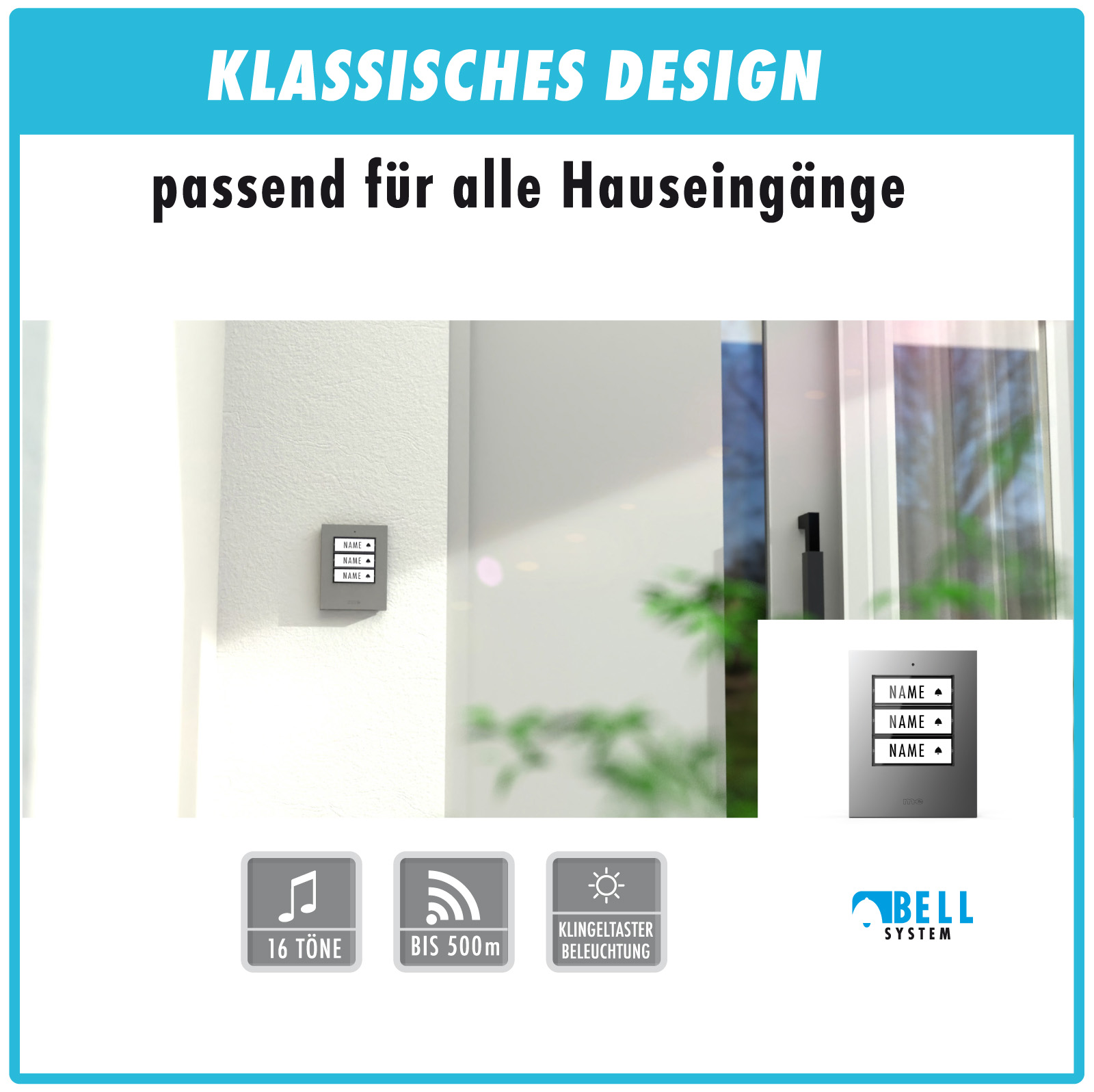 Funk-Türklingel-Set BELL-5014 S – Kabellose Türklingel für 1 Familienhäuser, netzbetriebene Funkklingel mit Empfänger & Sender