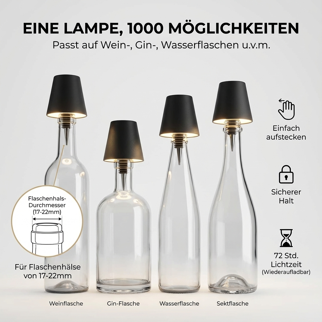 LED Flaschenleuchte mit Lithium-Akku, wahlweise in Farbe schwarz, grau oder weiß