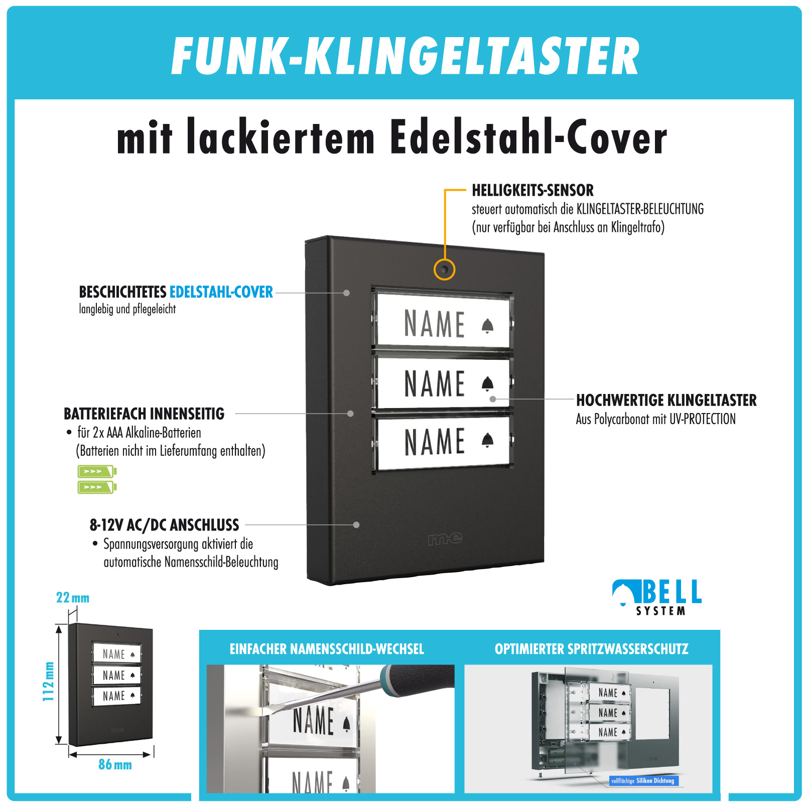 PROMOSET WIFI wahlweise für 1-, 2- oder 3-Familienhäuser mit WIFI Funk-Türglocke für die Steckdose, Sender wahlweise in Kunststoff oder Edelstahl
