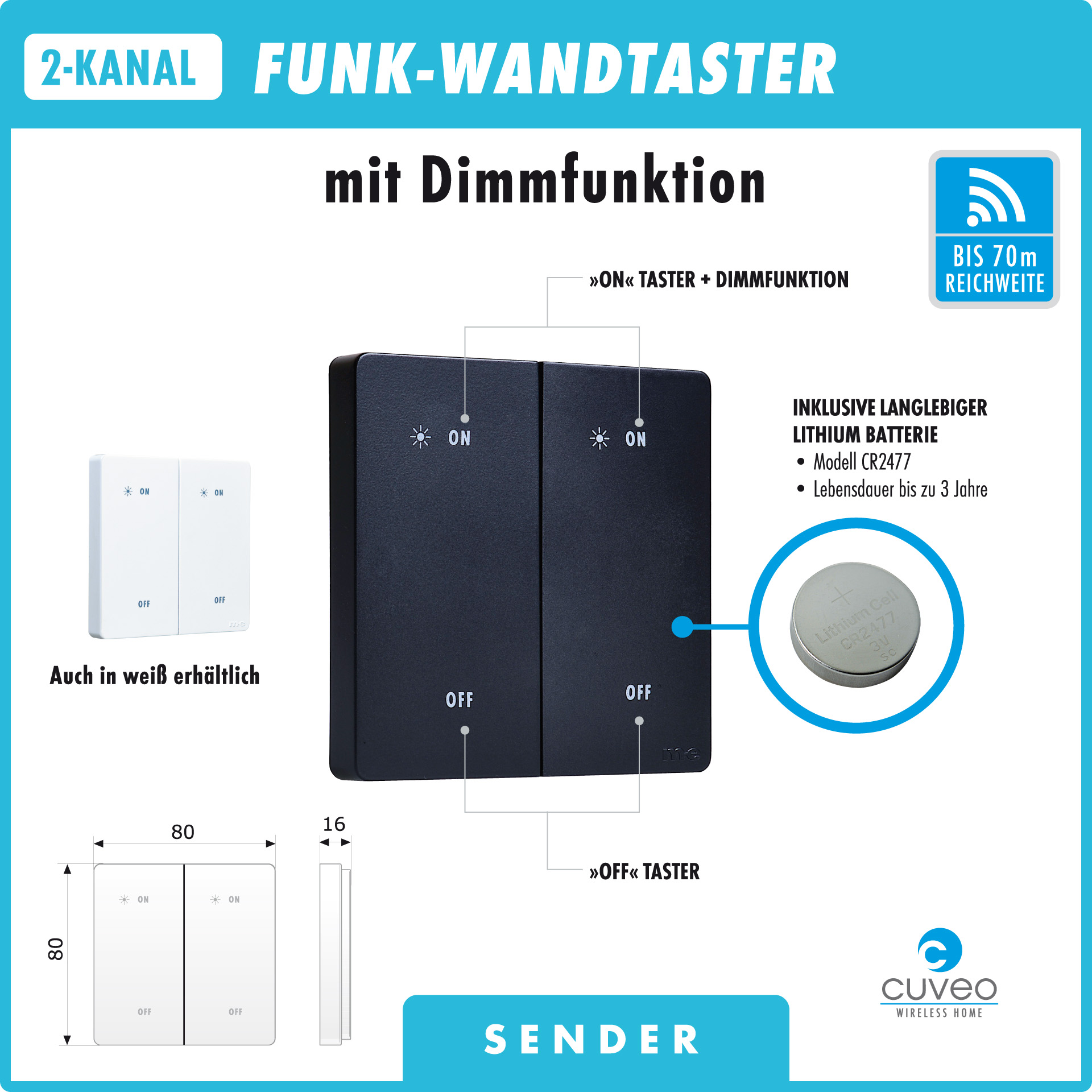CUVEO Starterset 11, Wandtaster 2-Kanal wahlweise in Farbe schwarz oder weiß mit 2x Aussen-Schalter