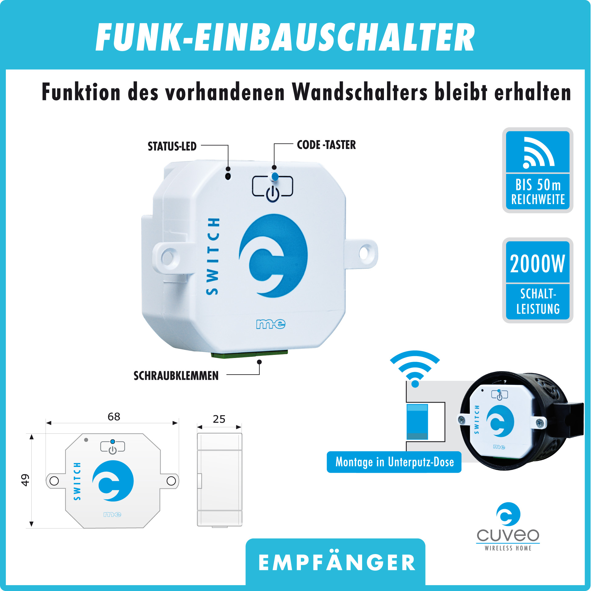 CUVEO Funk-Einbauschalter, 2000 Watt