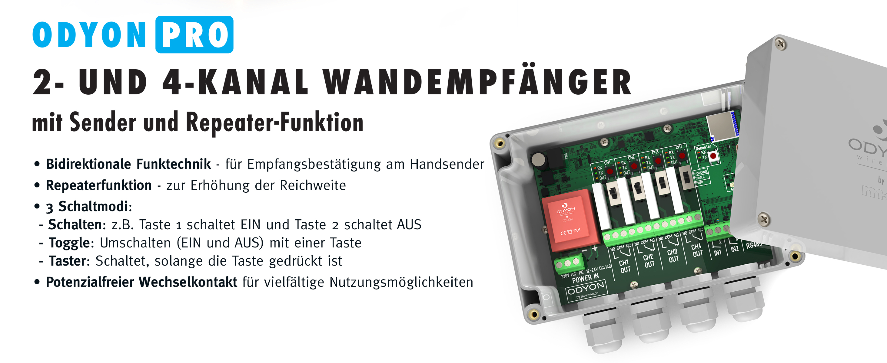 ODYON PRO 230V Funk-Wandempfänger/Sender 4-Kanal inkl Repeater, bis 4.000m Reichweite