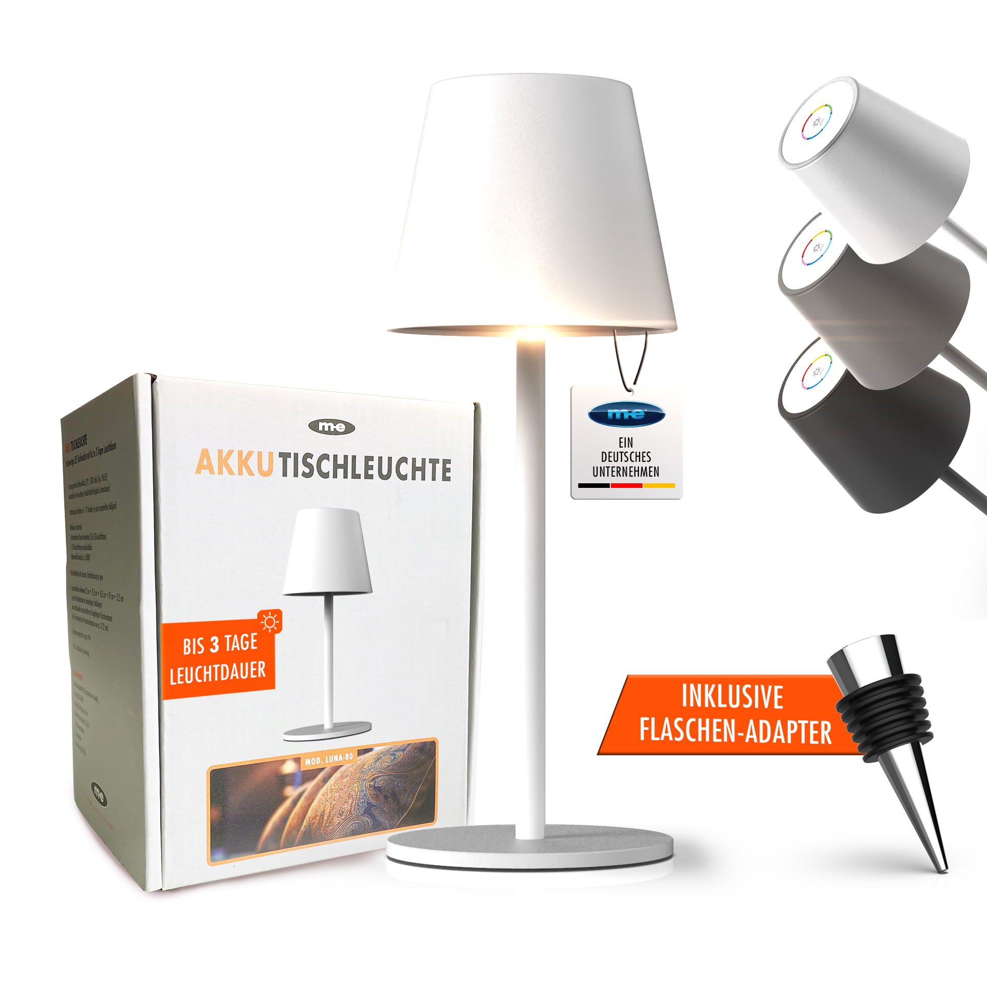 LED-Tischleuchte LUNA-80 W in WEISS, Kabellose Akku-Tischlampe mit Langzeit-Beleuchtung von 8 bis 72 Std durch 5200mAh Akku, inkl. Flaschenadapter