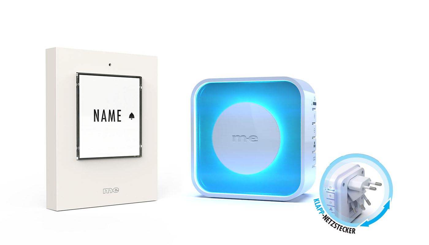 Funk-Türklingel-Set BELL-511 W – Kabellose Türklingel für 1 Familienhäuser mit Akku-betriebenem Empfänger und vollflächiger optischer Klingelanzeige. Klingeltaster in Kunststoff weiß.