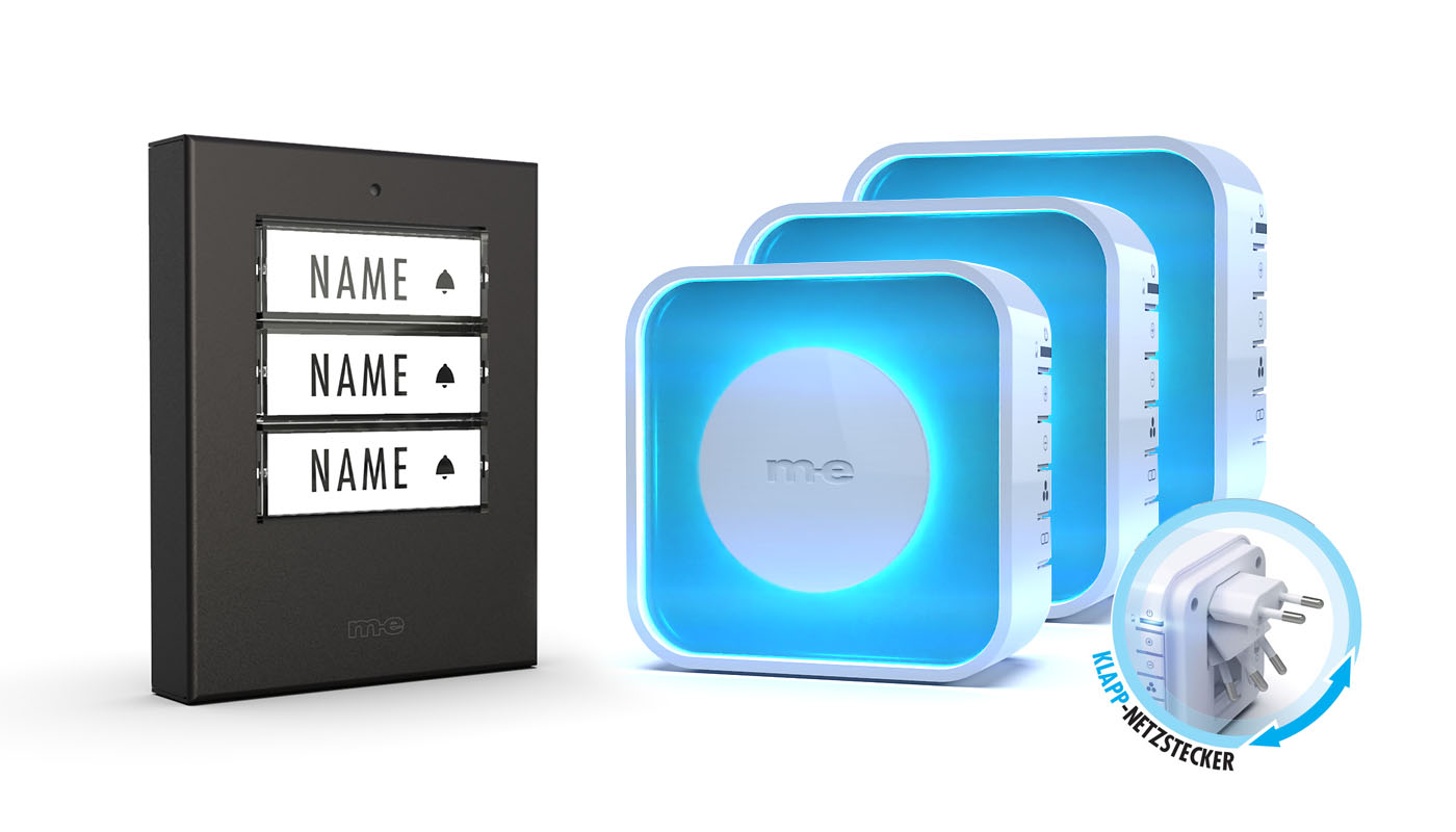 Funk-Türklingel-Set BELL-513 EA – Kabellose Türklingel für 3 Familienhäuser mit Akku-betriebenem Empfänger und vollflächiger optischer Klingelanzeige. Klingeltaster in Edelstahl anthrazit.