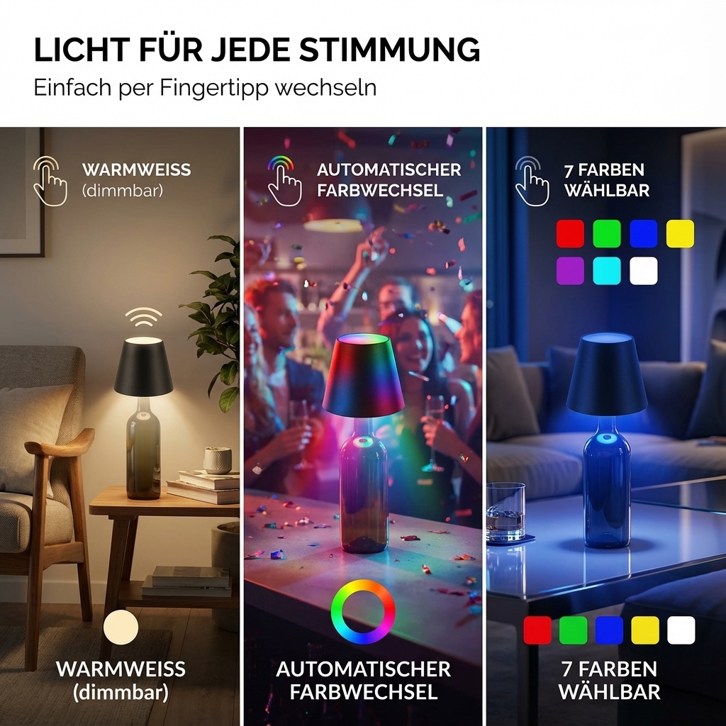 LED Flaschenleuchte mit Lithium-Akku, wahlweise in Farbe schwarz, grau oder weiß