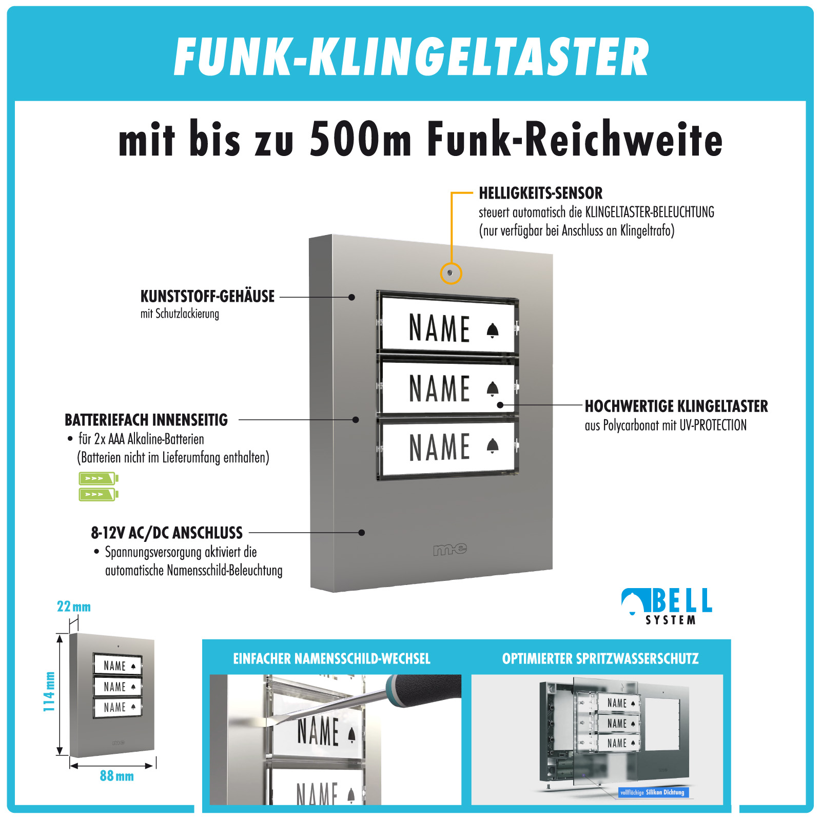 Funk-Türklingel-Set BELL-5014 S – Kabellose Türklingel für 1 Familienhäuser, netzbetriebene Funkklingel mit Empfänger & Sender