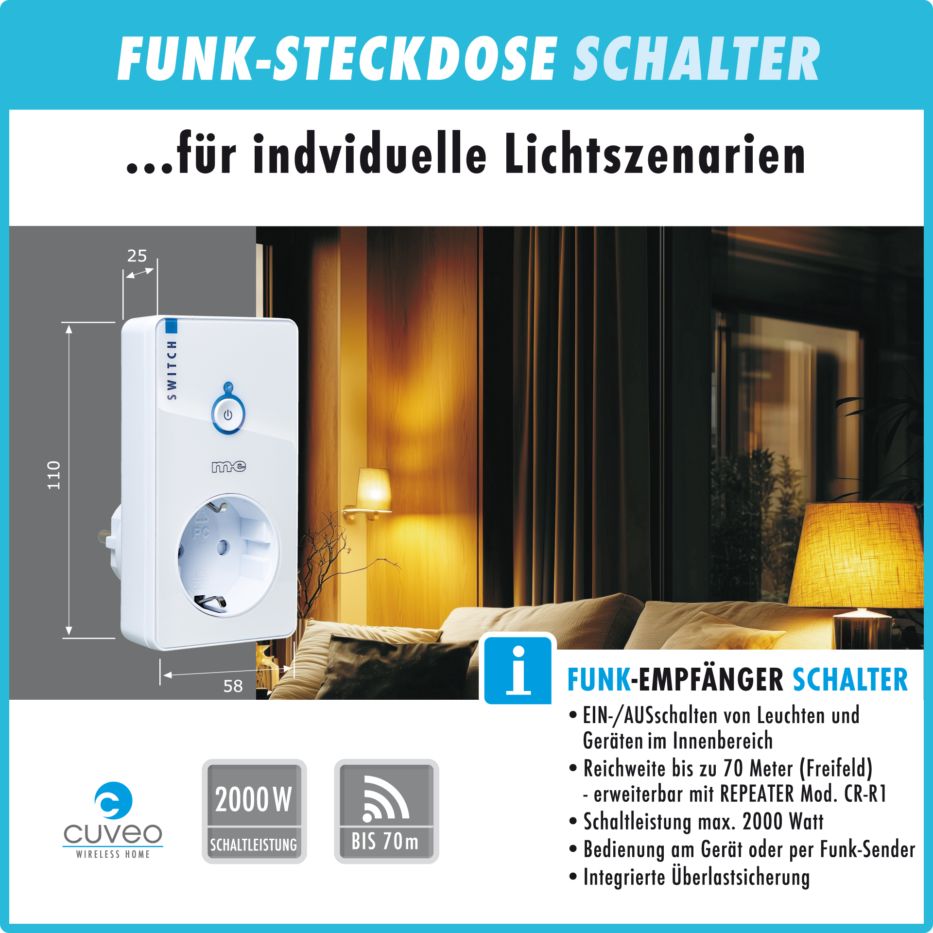 Startersets mit Funk-Wandtaster 1- oder 2-Kanal & Funksteckdose Schalter, wahlweise in Farbe weiß oder schwarz