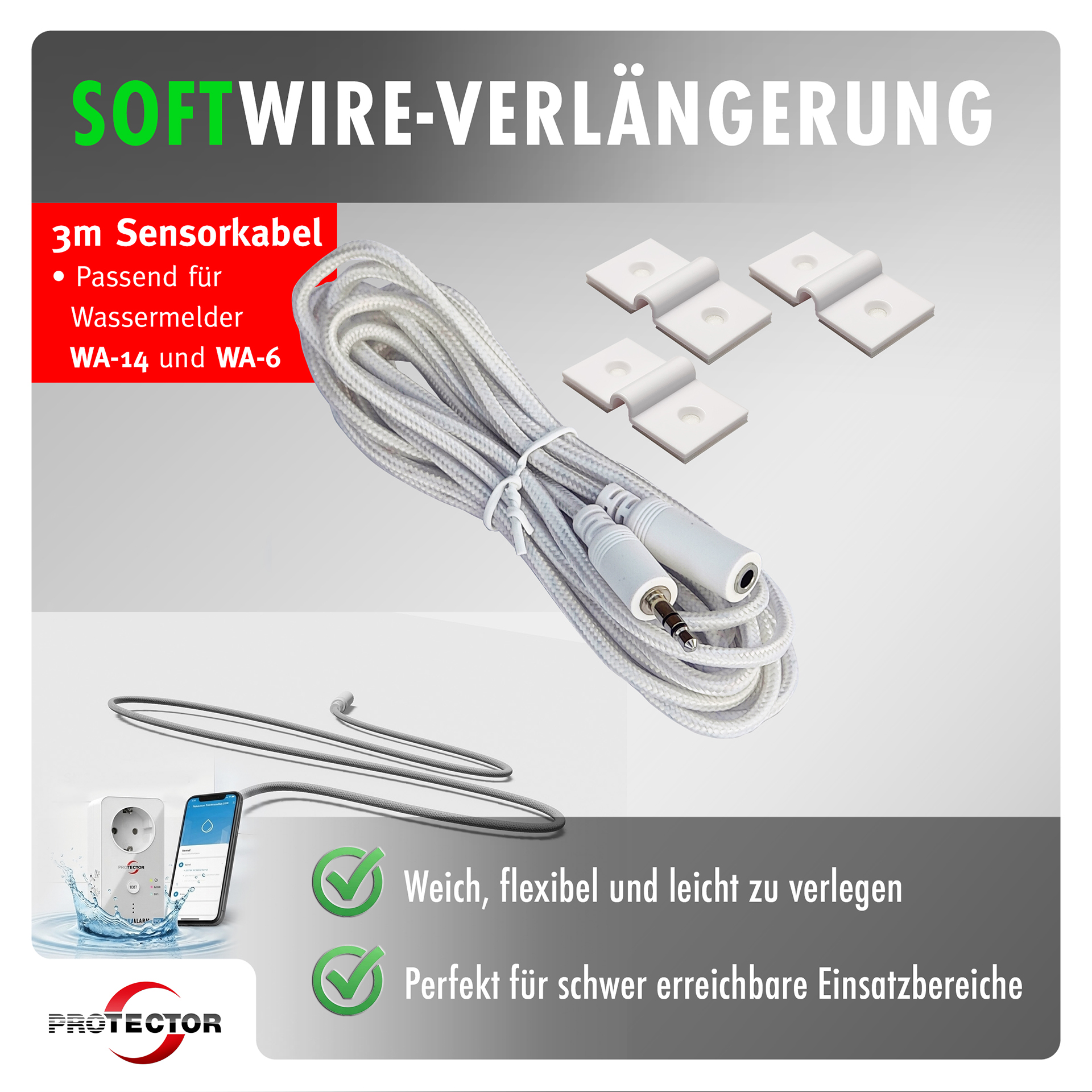 Detektorkabel-Verlängerung, Softwire- oder Hardwire-Sensor für die Wassermelder WA-6 & WA-14