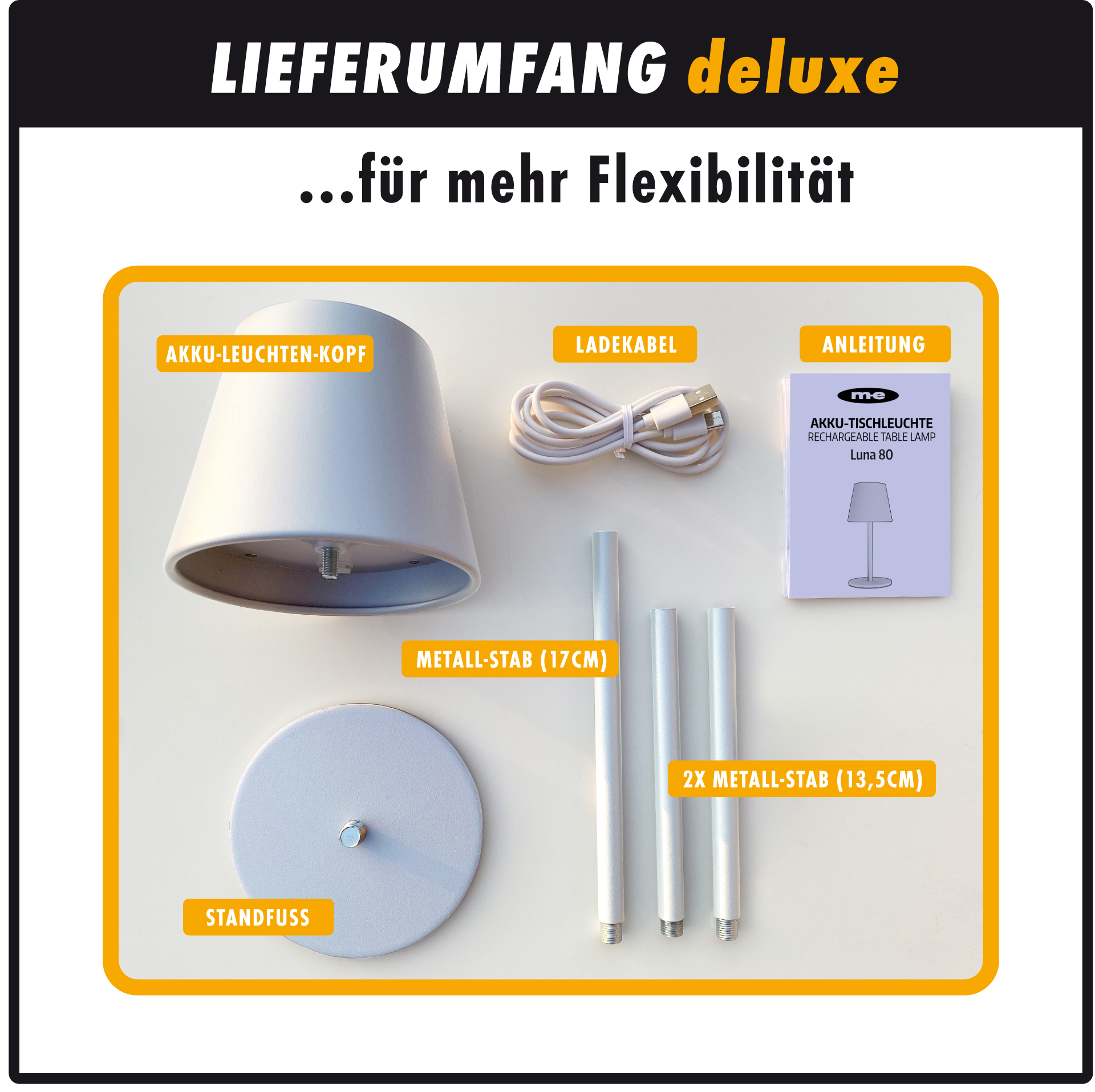 LED-Tischleuchte LUNA-80 W in WEISS, Kabellose Akku-Tischlampe mit Langzeit-Beleuchtung von 8 bis 72 Std durch 5200mAh Akku, inkl. Flaschenadapter