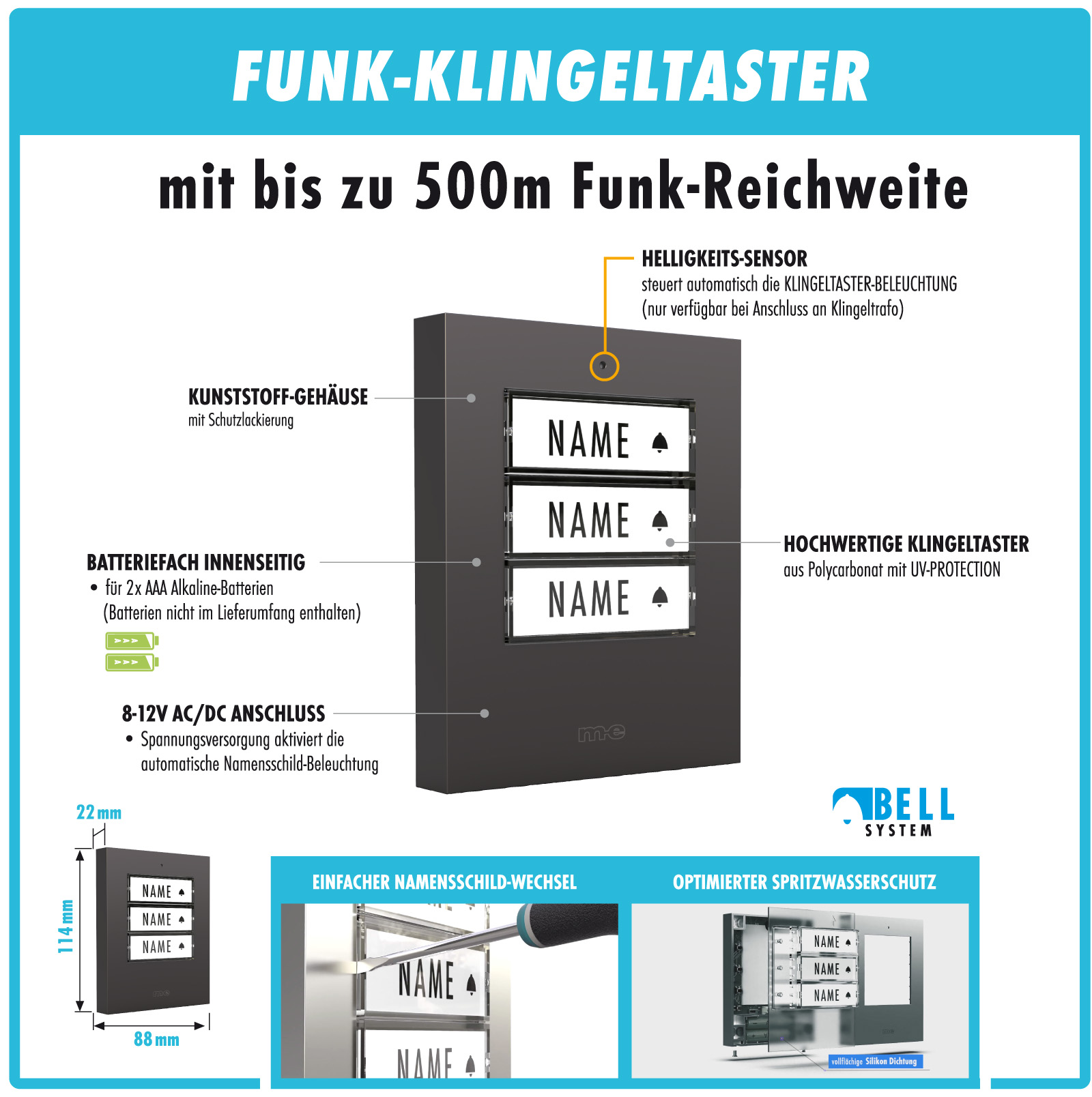 PROMOSET WIFI wahlweise für 1-, 2- oder 3-Familienhäuser mit WIFI Funk-Türglocke für die Steckdose, Sender wahlweise in Kunststoff oder Edelstahl