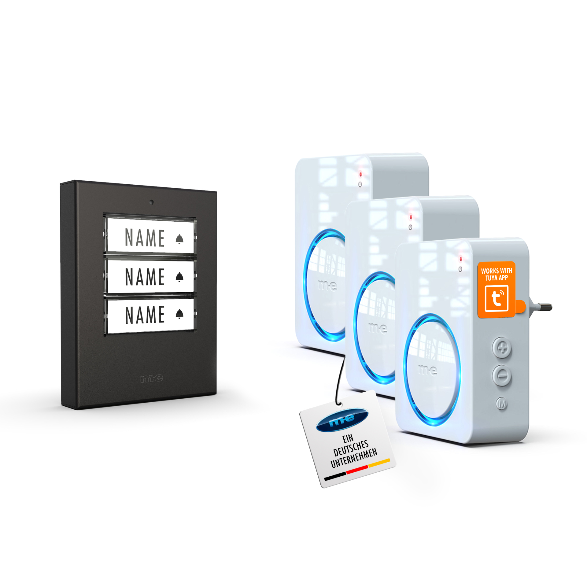 PROMOSET WIFI wahlweise für 1-, 2- oder 3-Familienhäuser mit WIFI Funk-Türglocke für die Steckdose, Sender wahlweise in Kunststoff oder Edelstahl