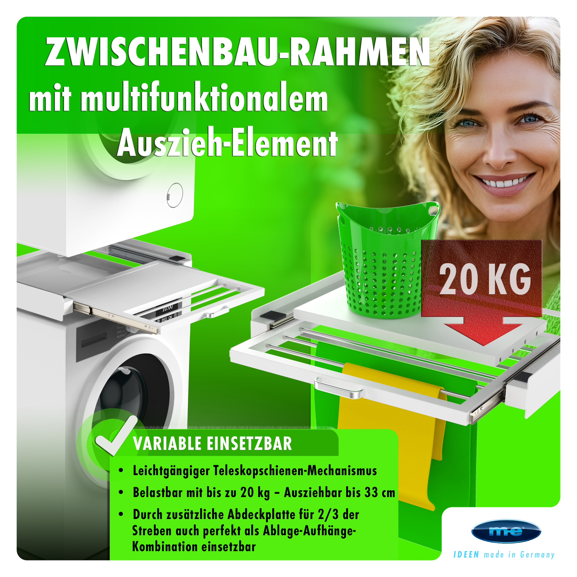 Zwischenbaurahmen/ Waschmaschinenzubehör/ Trocknerzubehör/ Verbindungsrahmen mit Ablage und Wäscheleine / Waschmaschine und Trockner/ Universell