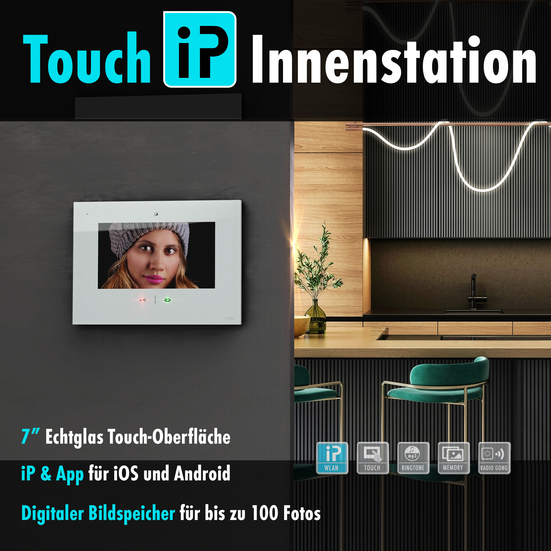 1-Fam.-Haus Set, ALU-Außenstation und IP-Innenstation (App) 7", Sensortouch &mp3