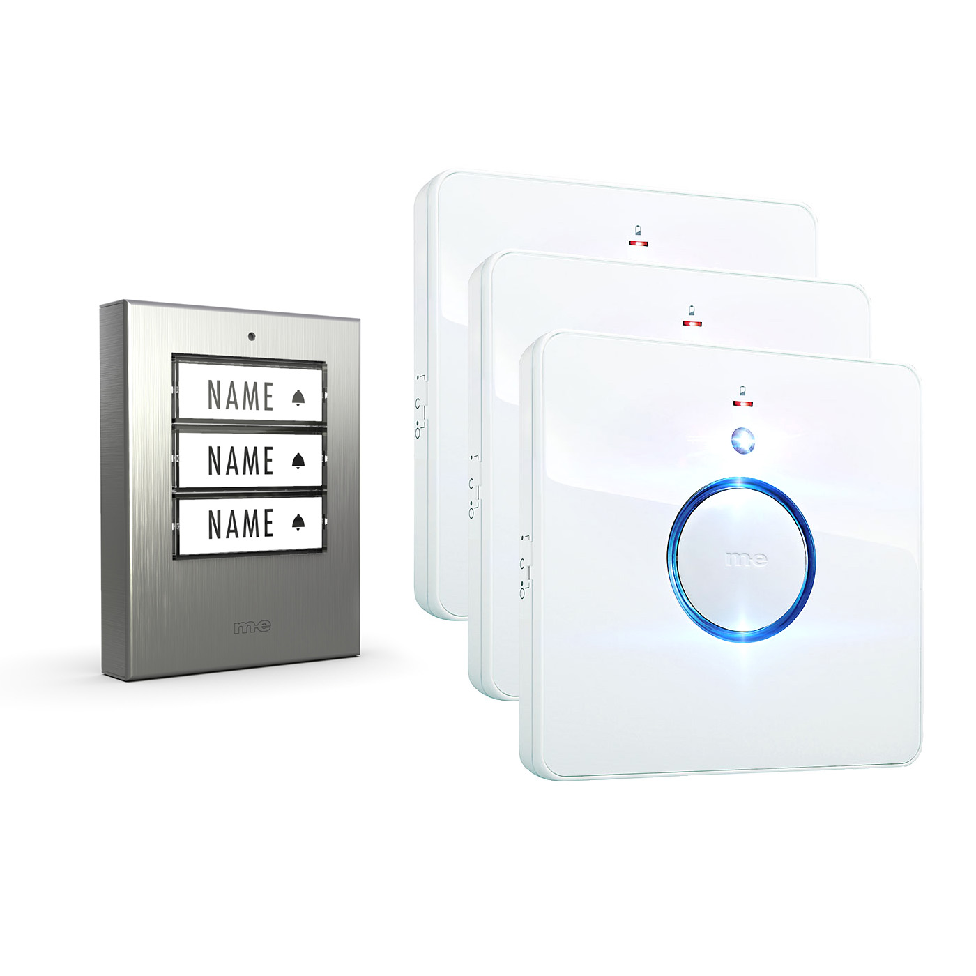 Funk-Türklingel-Set BELL-533-EG – Kabellose Türklingel für 3 Familienhäuser, batteriebetriebene Funkklingel mit Empfänger & Sender in Edelstahl gebürstet.