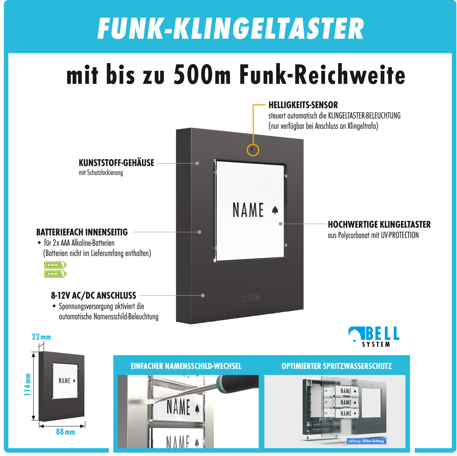 Funk-Klingeltaster für 1, 2 oder 3-Fam.-Haus, wahlweise in Farbe silber, anthrazit oder weiß