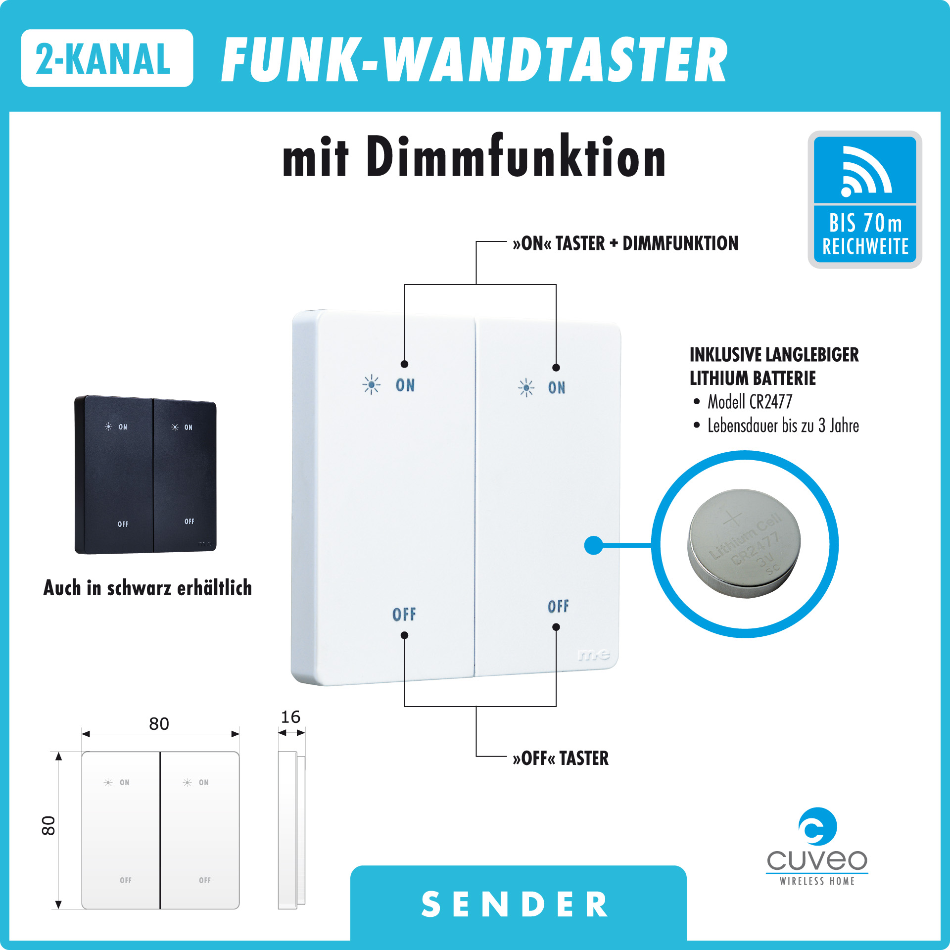 CUVEO Funk-Wandtaster 2-Kanal