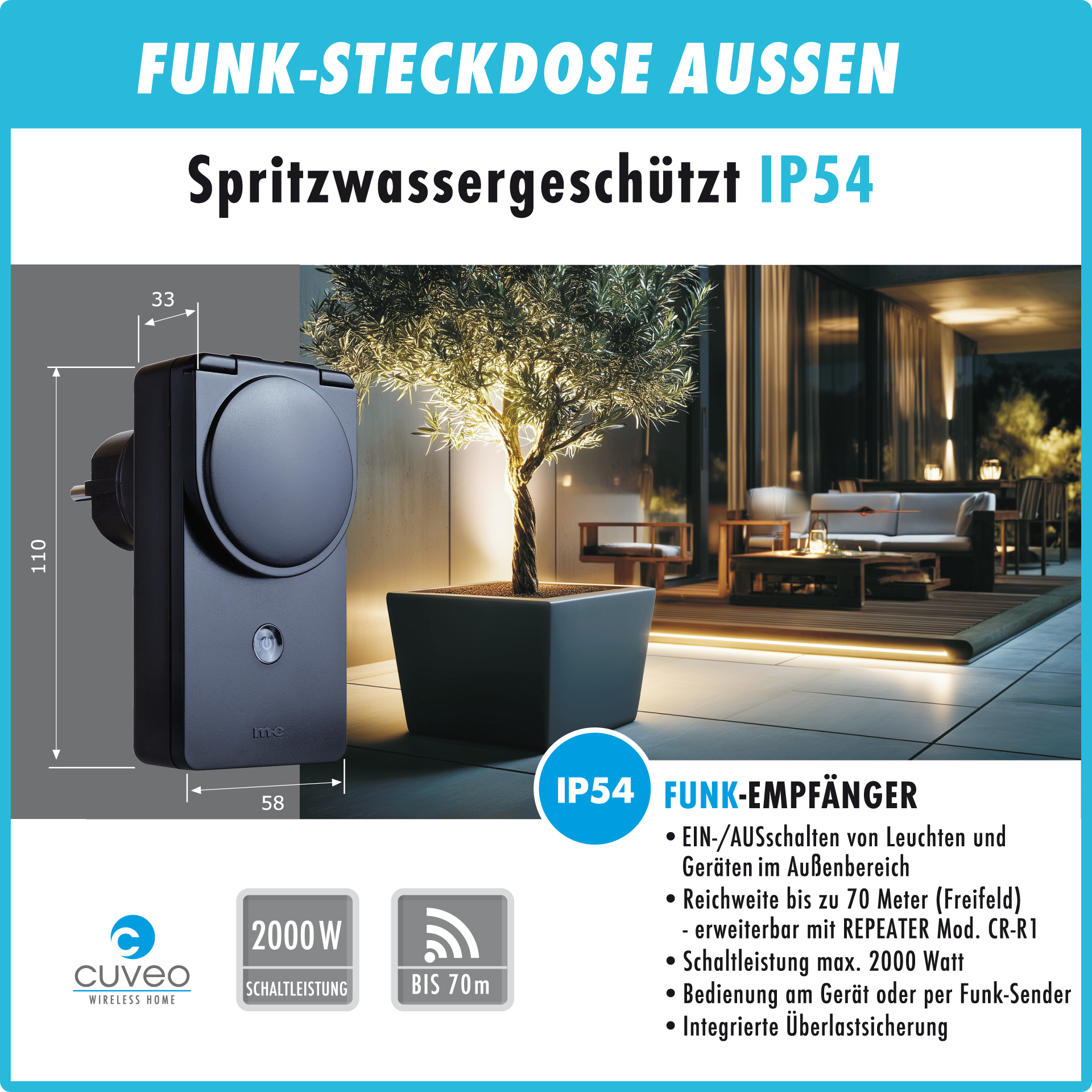 CUVEO Starterset 11, Wandtaster 2-Kanal wahlweise in Farbe schwarz oder weiß mit 2x Aussen-Schalter