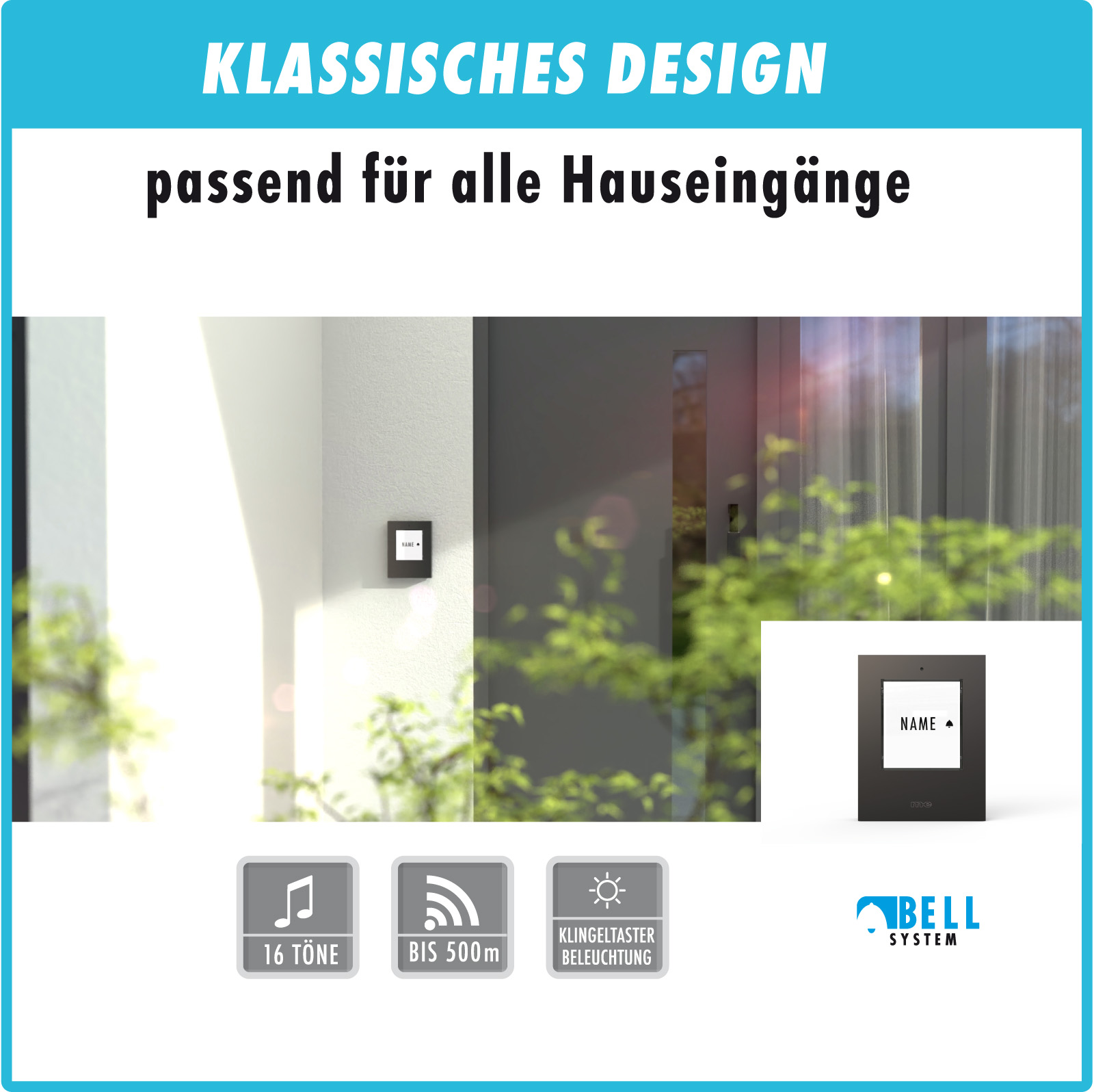 Funk-Klingeltaster für 1, 2 oder 3-Fam.-Haus, wahlweise in Farbe silber, anthrazit oder weiß