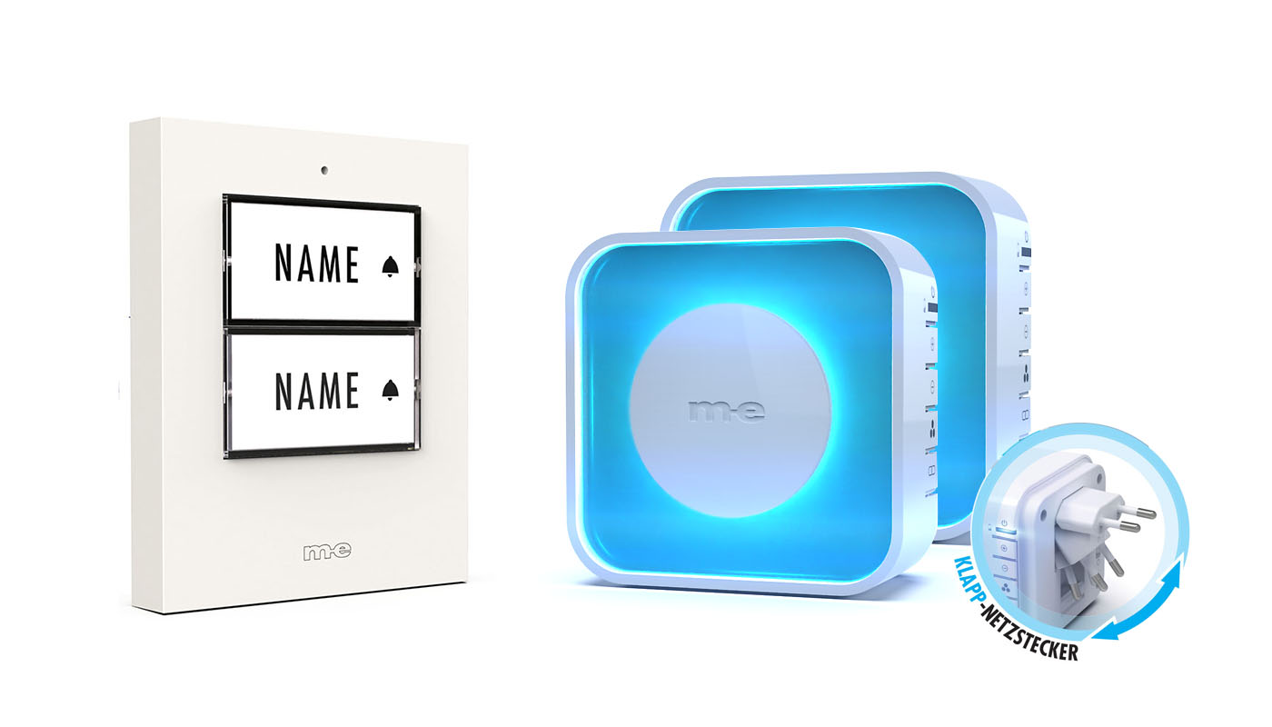 Funk-Türklingel-Set BELL-512 W – Kabellose Türklingel für 2 Familienhäuser mit Akku-betriebenem Empfänger und vollflächiger optischer Klingelanzeige. Klingeltaster in Kunststoff weiß.