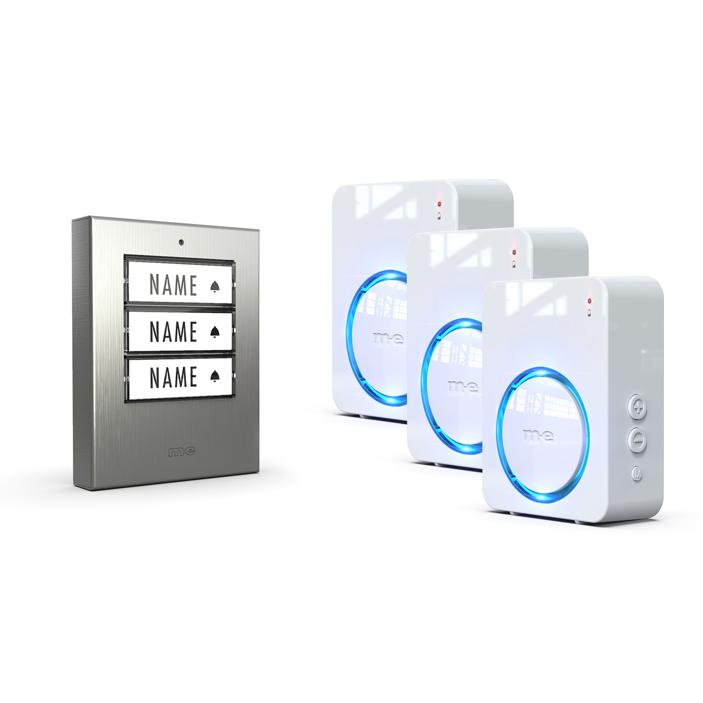 Funk-Türklingel-Set BELL-523-BO-EG – Kabellose Türklingel für 3 Familienhäuser, batteriebetriebene Funkklingel mit Empfänger & Sender in Edelstahl gebürstet.