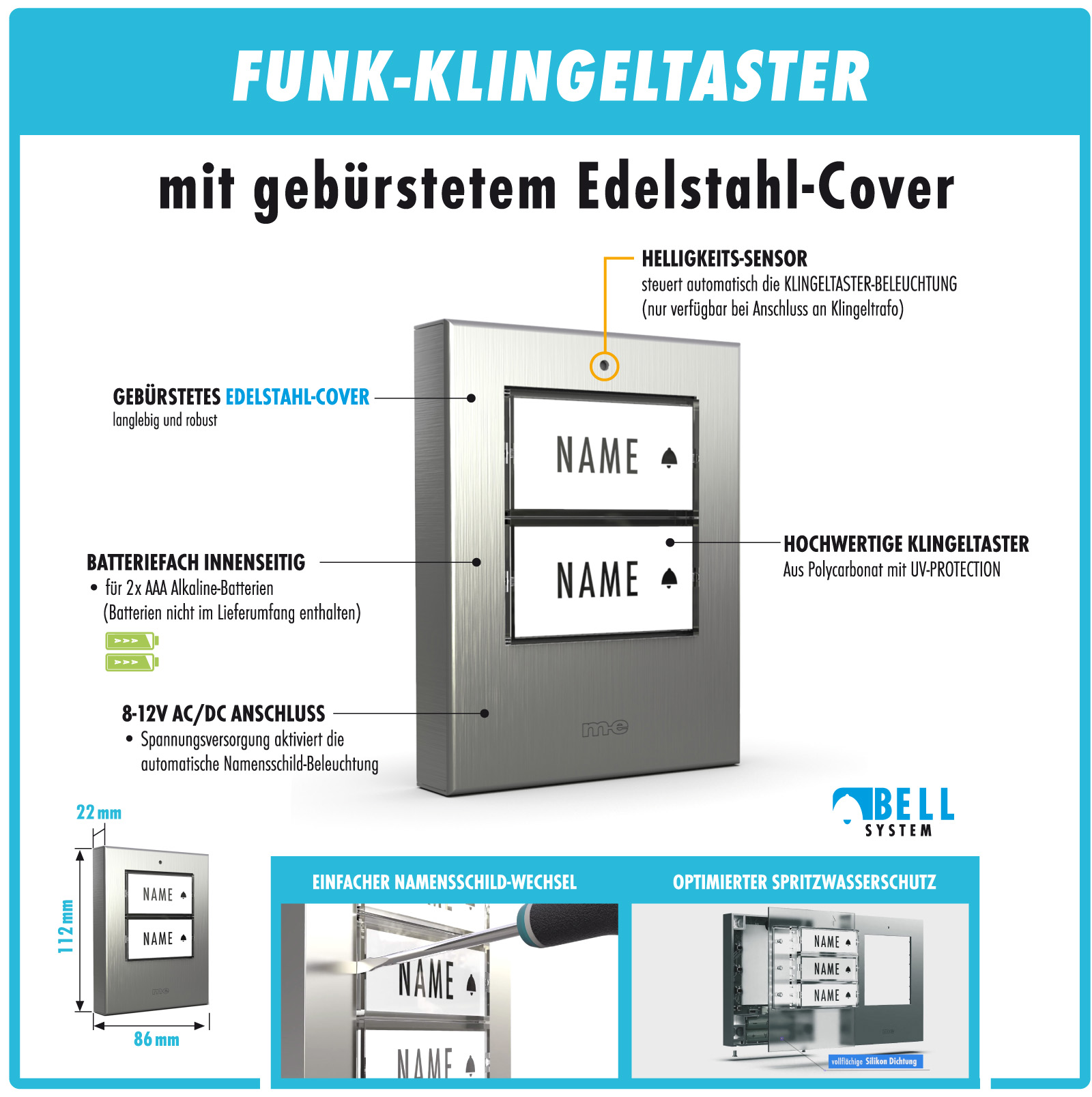 PROMO Funk-Türglocken-Set für 1, 2 oder 3-Fam.-Haus, Sender in silber, anthrazit oder weiß u. Empfänger mit Durchstecker/Steckdose