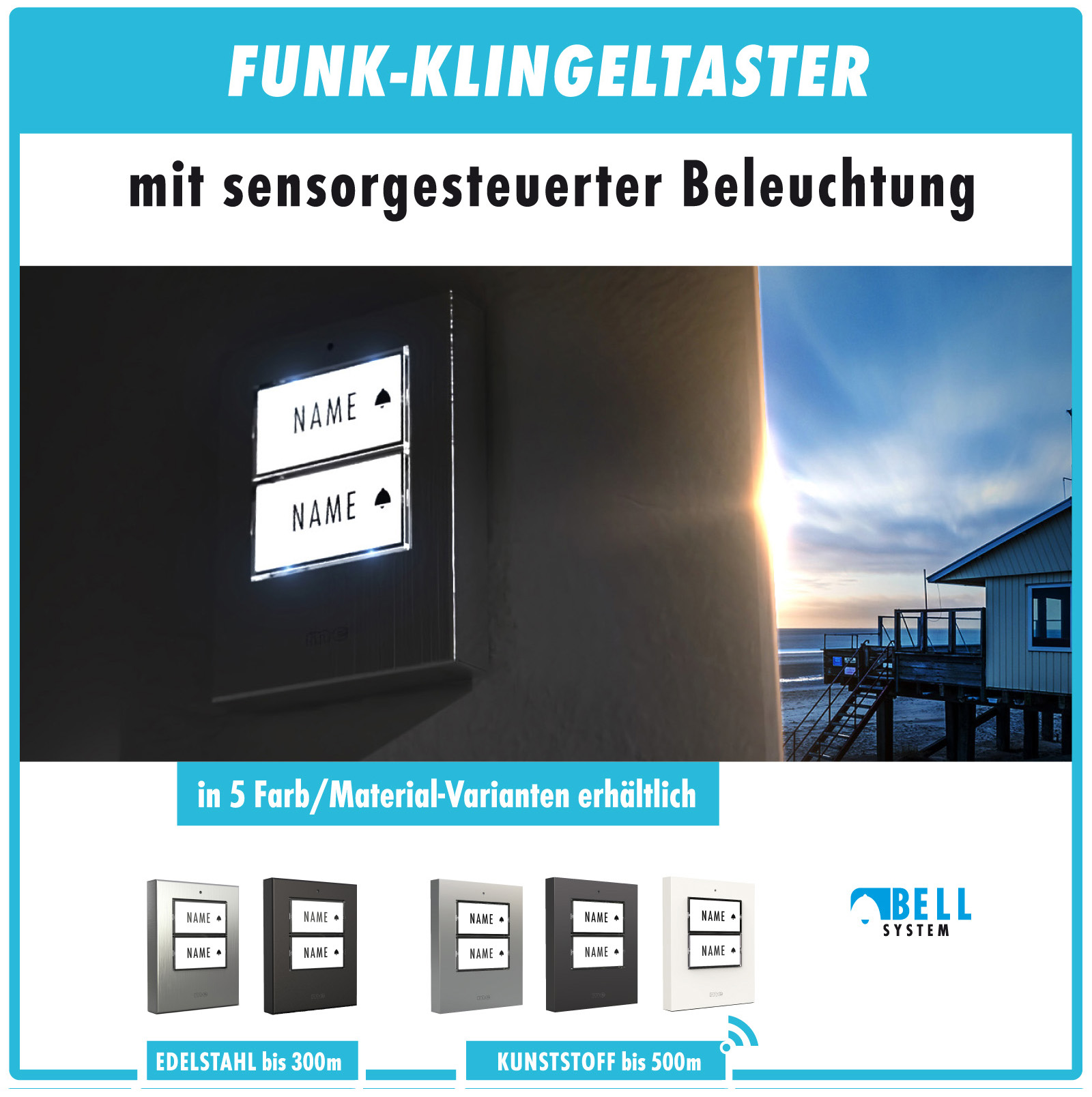 Funk-Türklingel-Set BELL-532-EG – Kabellose Türklingel für 2 Familienhäuser, batteriebetriebene Funkklingel mit Empfänger & Sender in Edelstahl gebürstet.