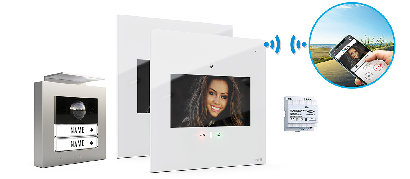 VDV-202011-SW-PRO-SETS-Handy-1400px 2-Fam.-Haus Set RFID, ALU Außenstation Farbe silber, anthrazit oder weiß & IP-Innenstation (App)