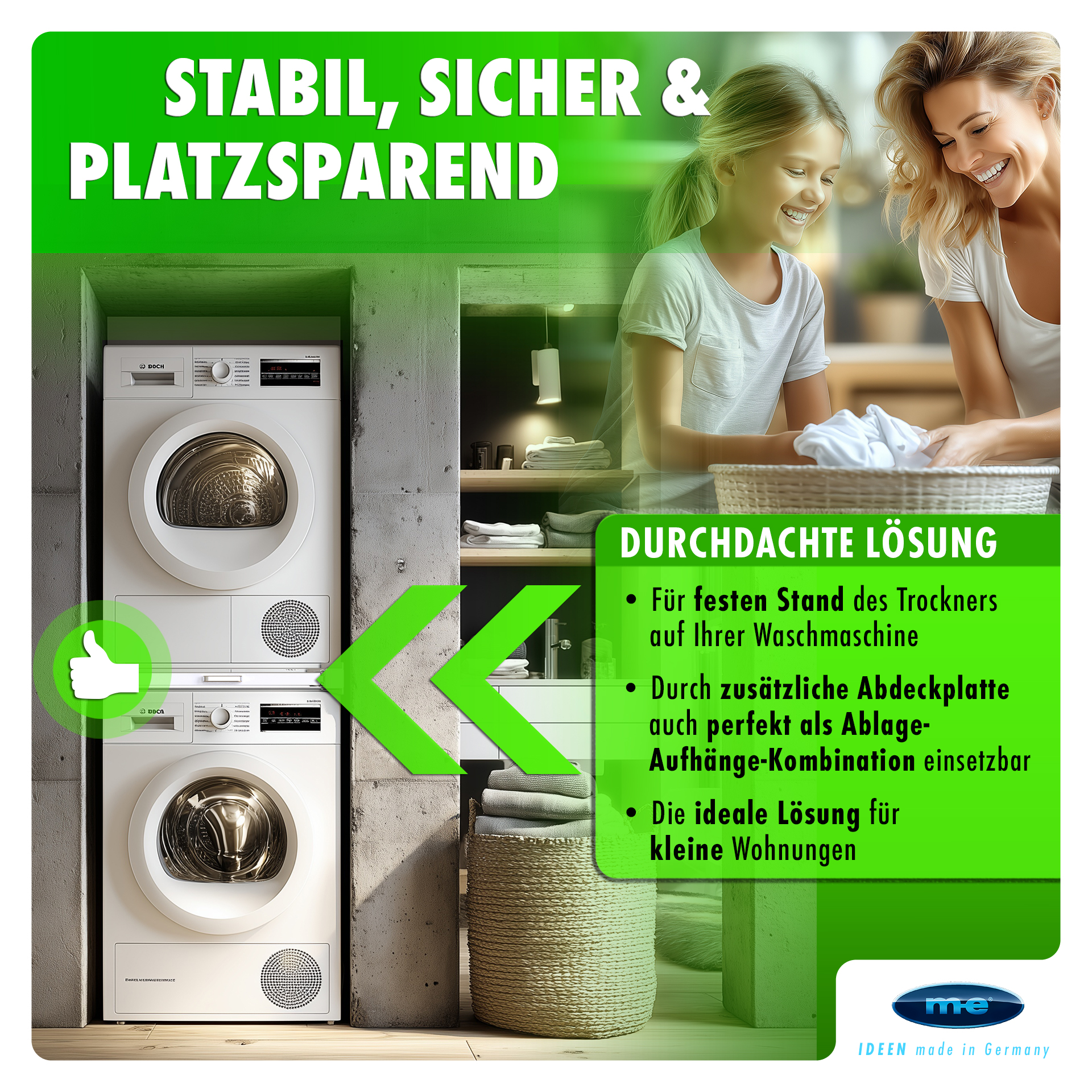 Zwischenbaurahmen/ Waschmaschinenzubehör/ Trocknerzubehör/ Verbindungsrahmen mit Ablage und Wäscheleine / Waschmaschine und Trockner/ Universell