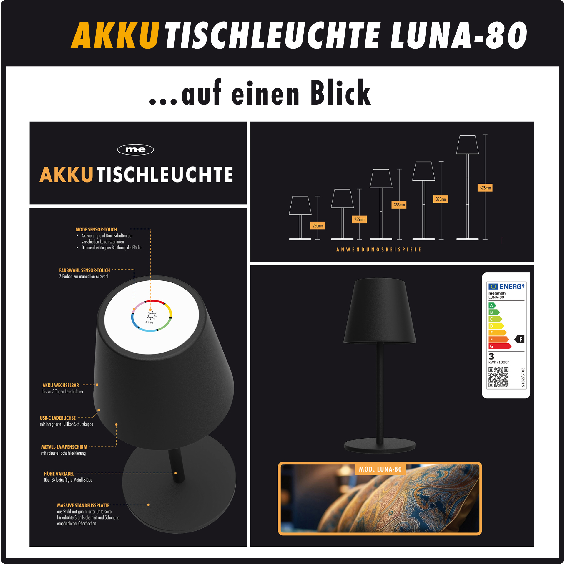 2er SET LED Tischleuchte mit Lithium-Akku inkl. Flaschenadapter, wahlweise in Farbe schwarz, grau oder weiß