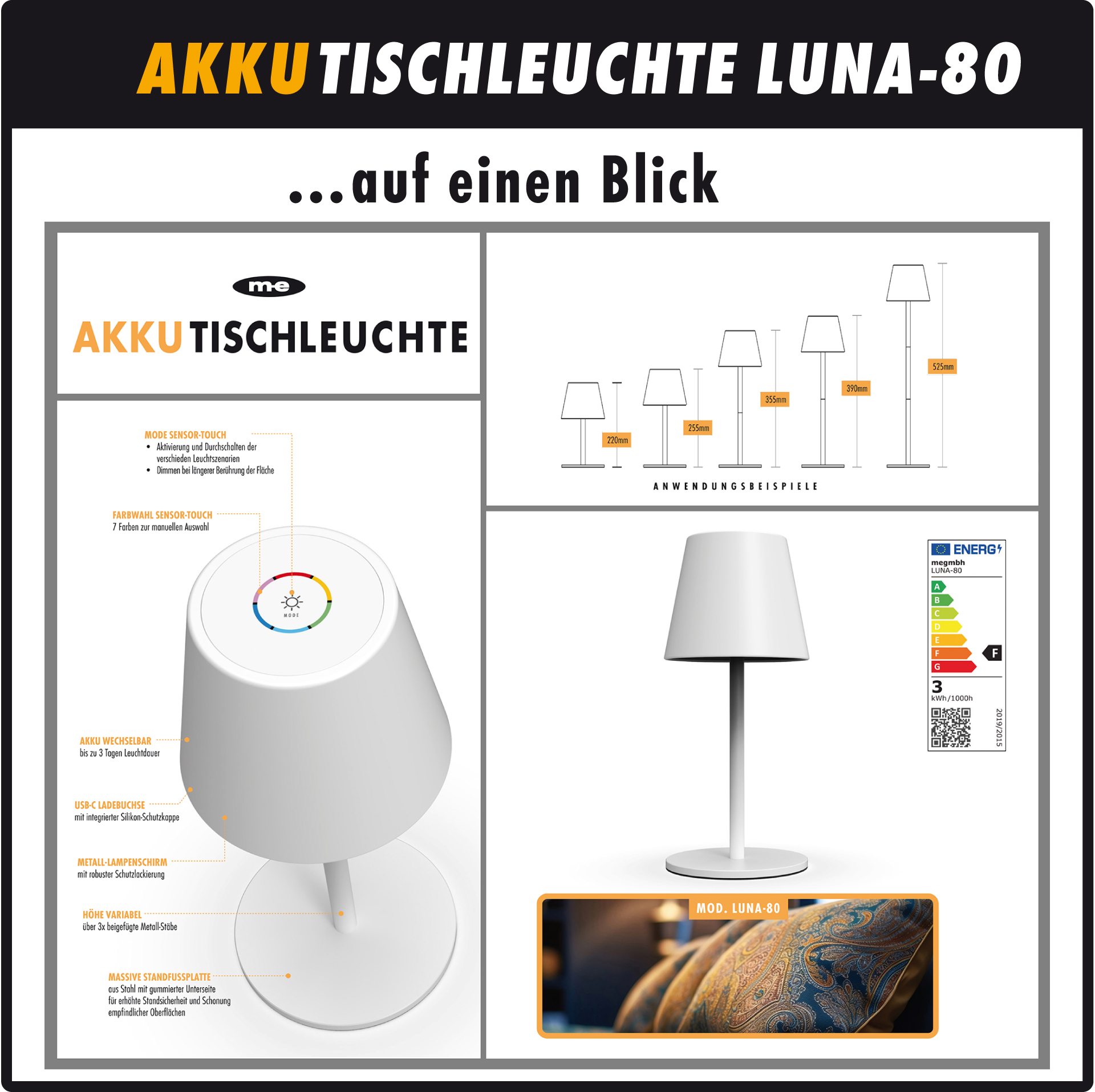 LED-Tischleuchte LUNA-80 W in WEISS, Kabellose Akku-Tischlampe mit Langzeit-Beleuchtung von 8 bis 72 Std durch 5200mAh Akku, inkl. Flaschenadapter